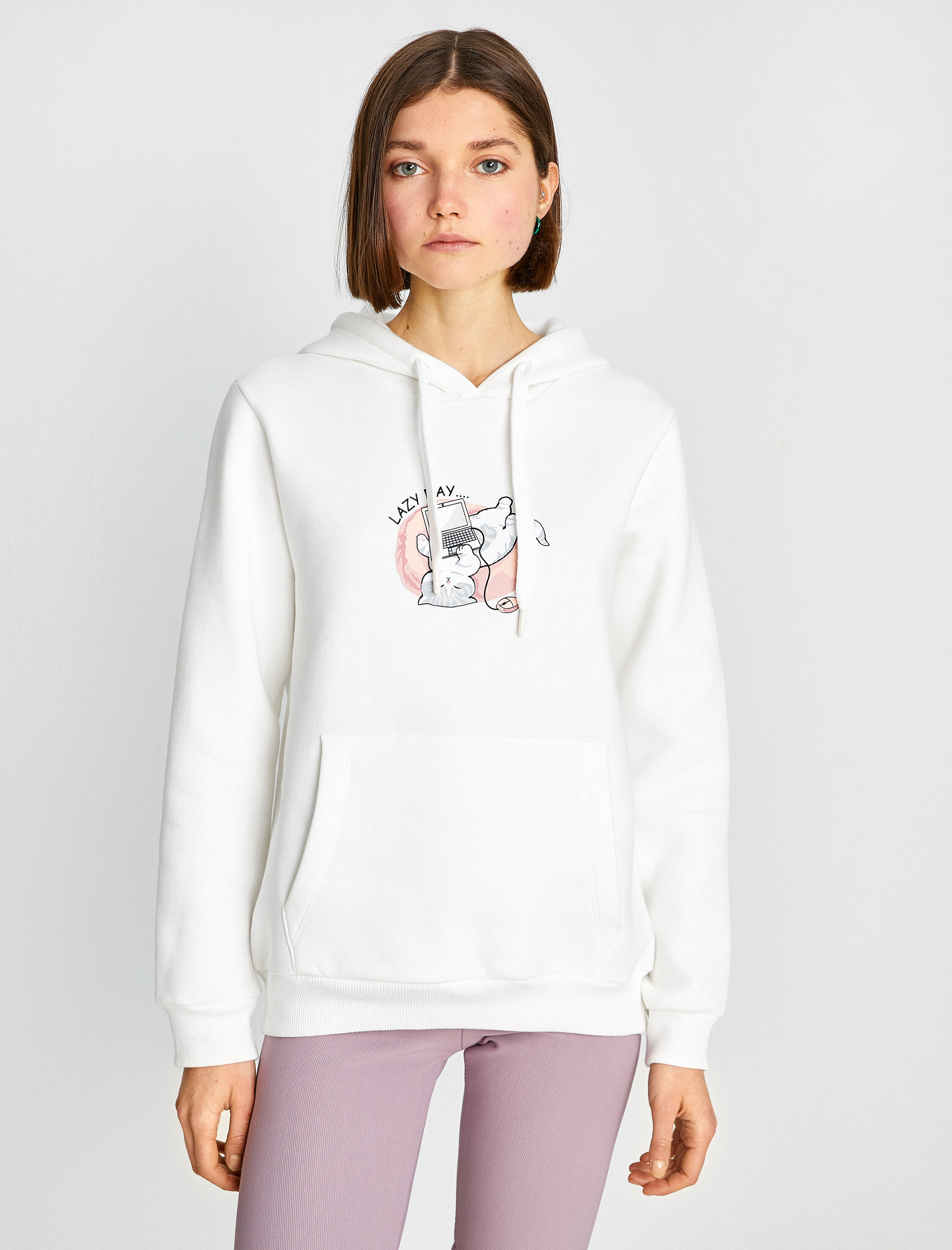   Üç İplik Şardonlu Uzun Kollu Kanguru Cepli Kedi Baskılı Kapüşonlu Sweatshirt