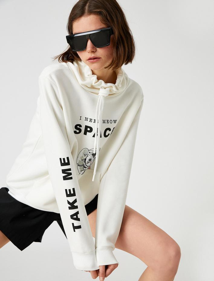  Baskılı Sweatshirt Yaka Detaylı İçi Polarlı