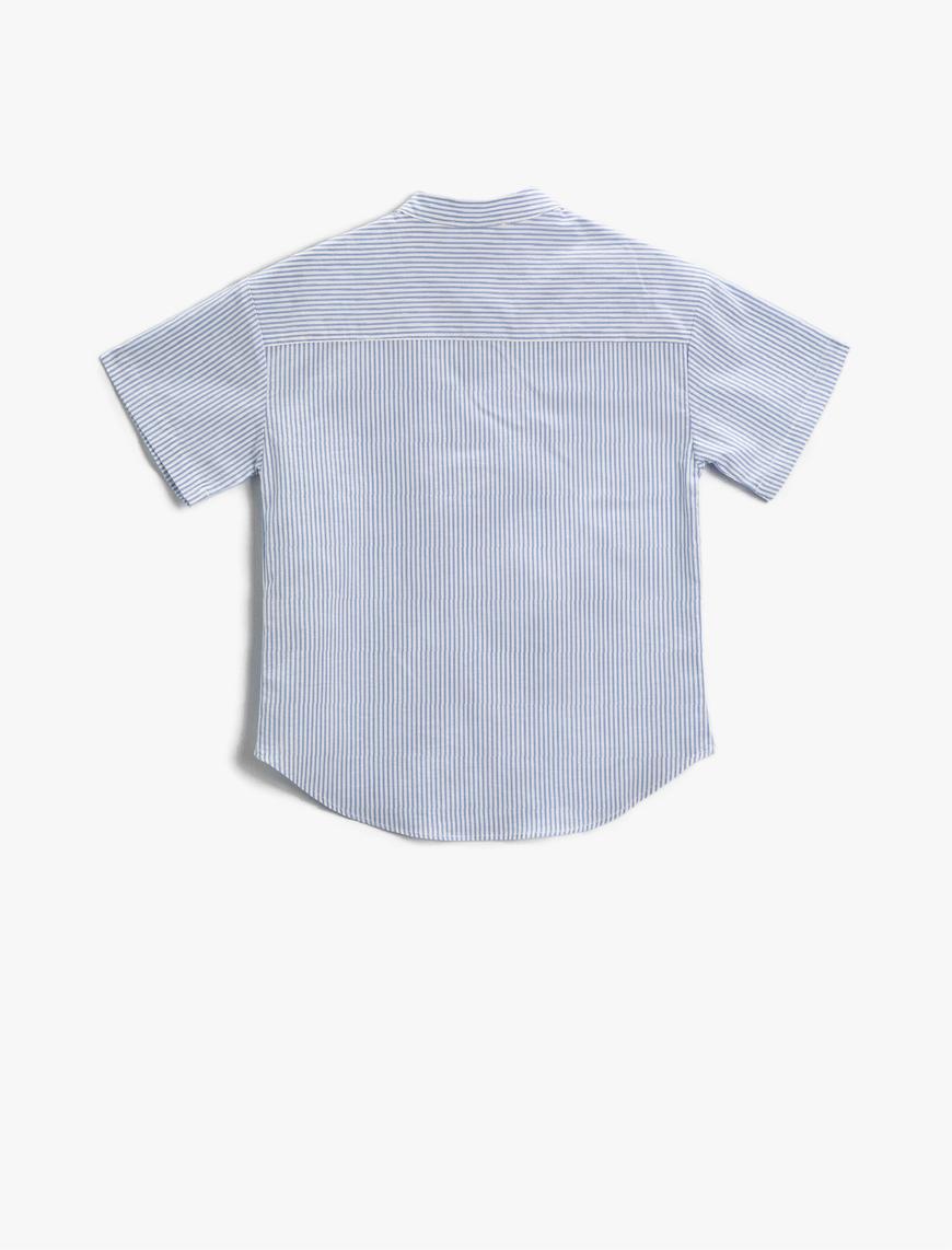  Erkek Çocuk Mandarin Yaka Kısa Kollu Gömlek Çizgili Cepli Düğmeli