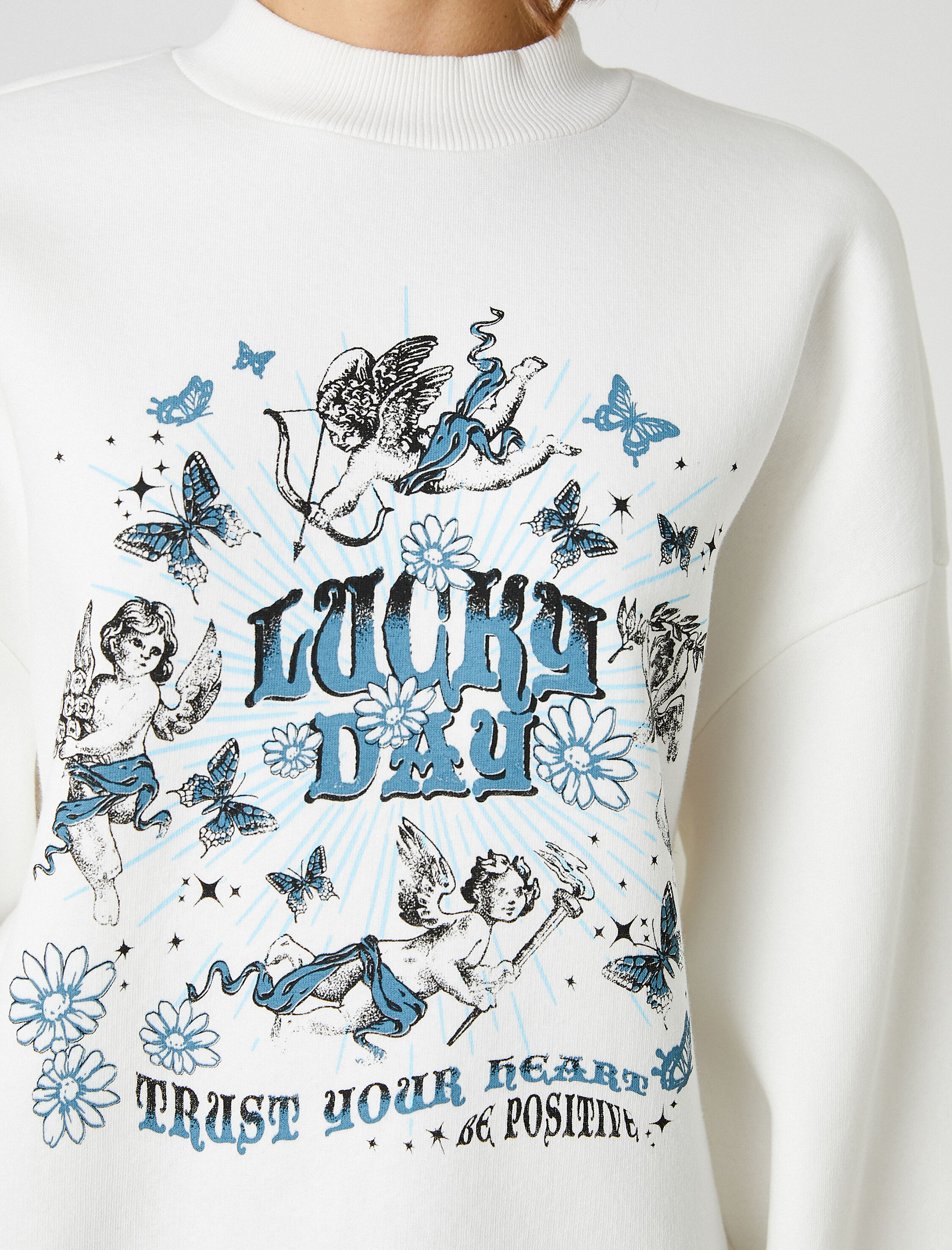   Oversize Yüksek Yaka Sweatshirt Baskılı Uzun Kollu İçi Polarlı