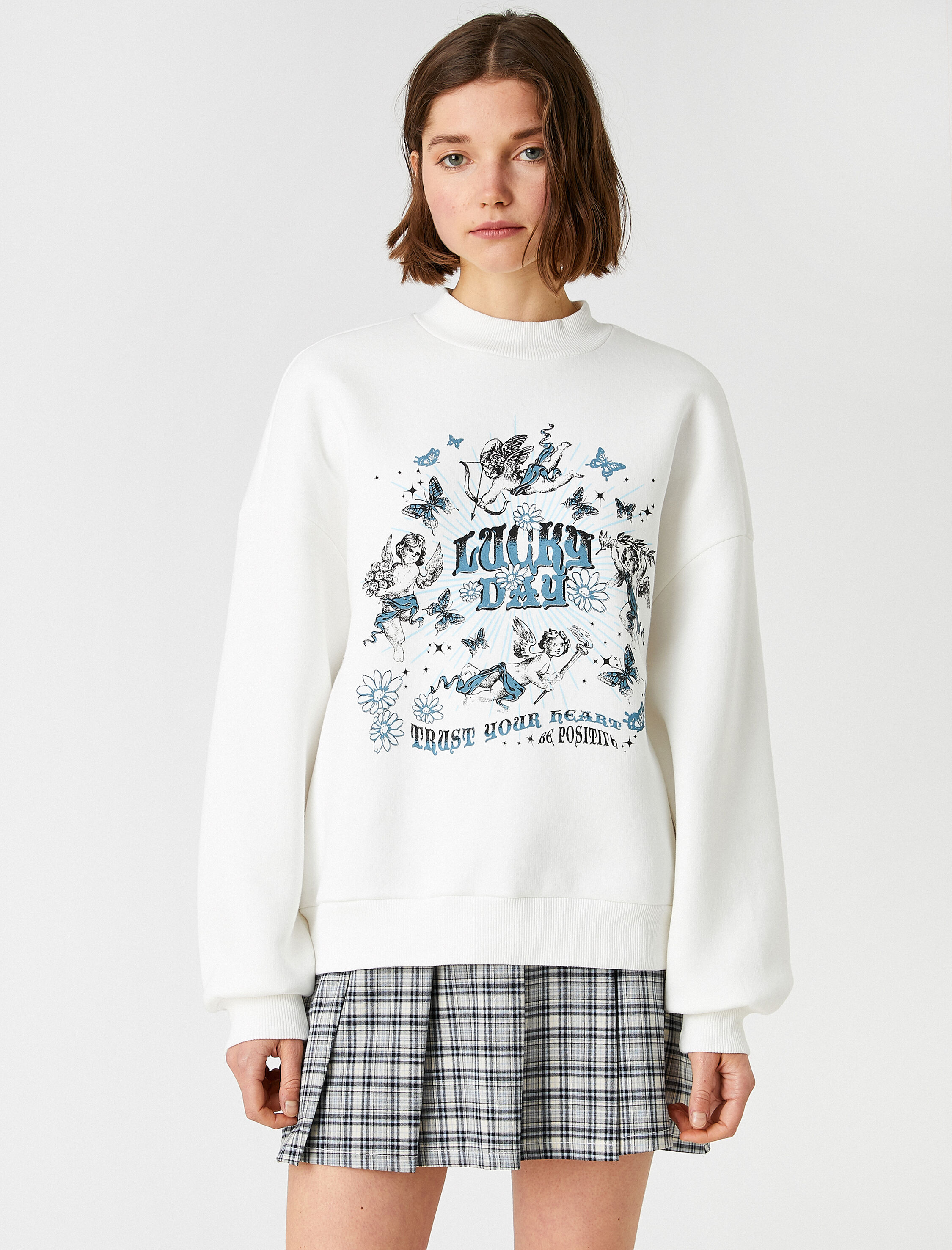   Oversize Yüksek Yaka Sweatshirt Baskılı Uzun Kollu İçi Polarlı