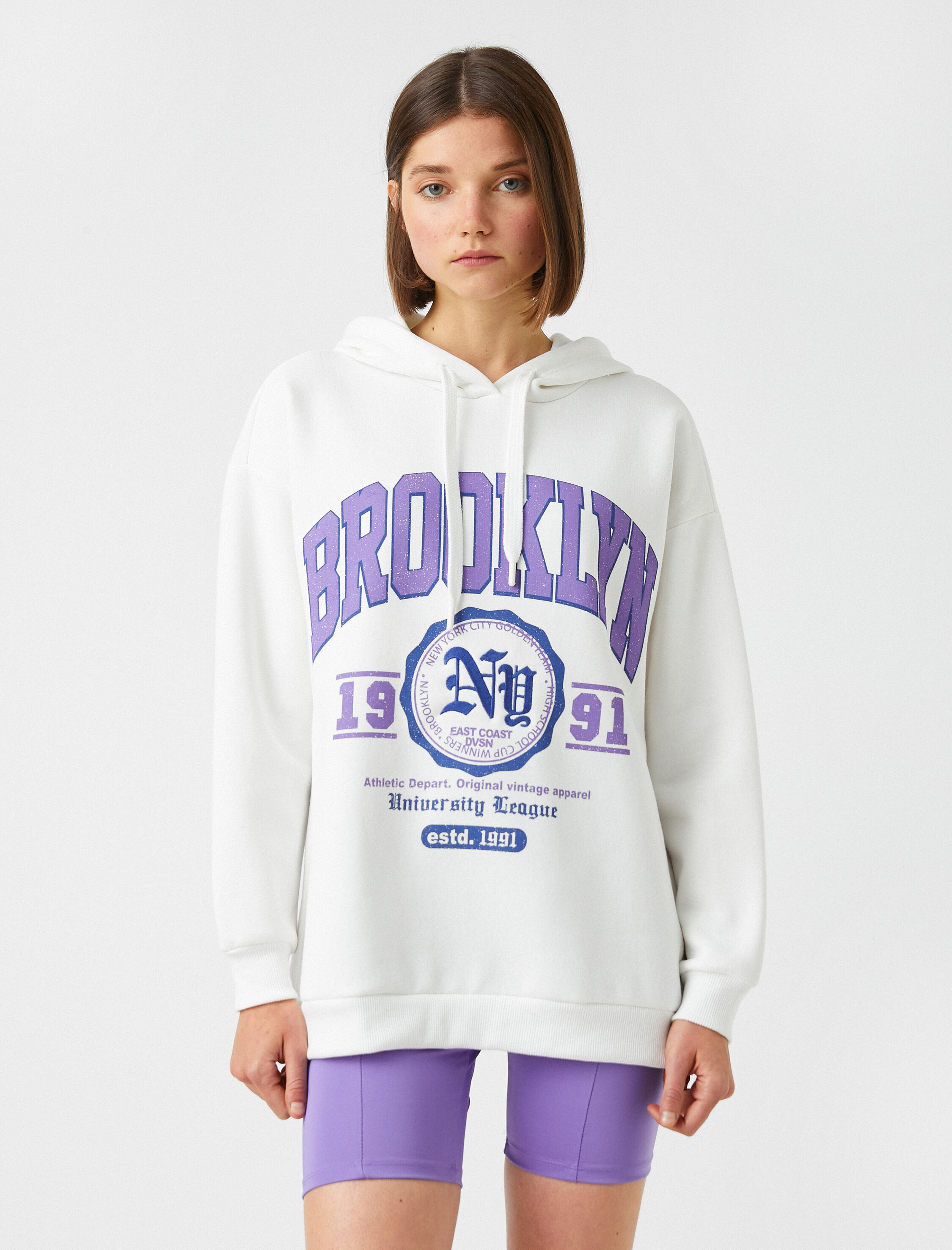   Oversize Baskılı Sweatshirt Kapüşonlu İçi Polarlı