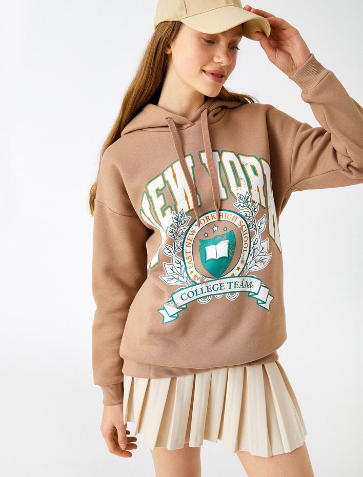  Baskılı Kapüşonlu Kolej Sweatshirt İçi Polarlı