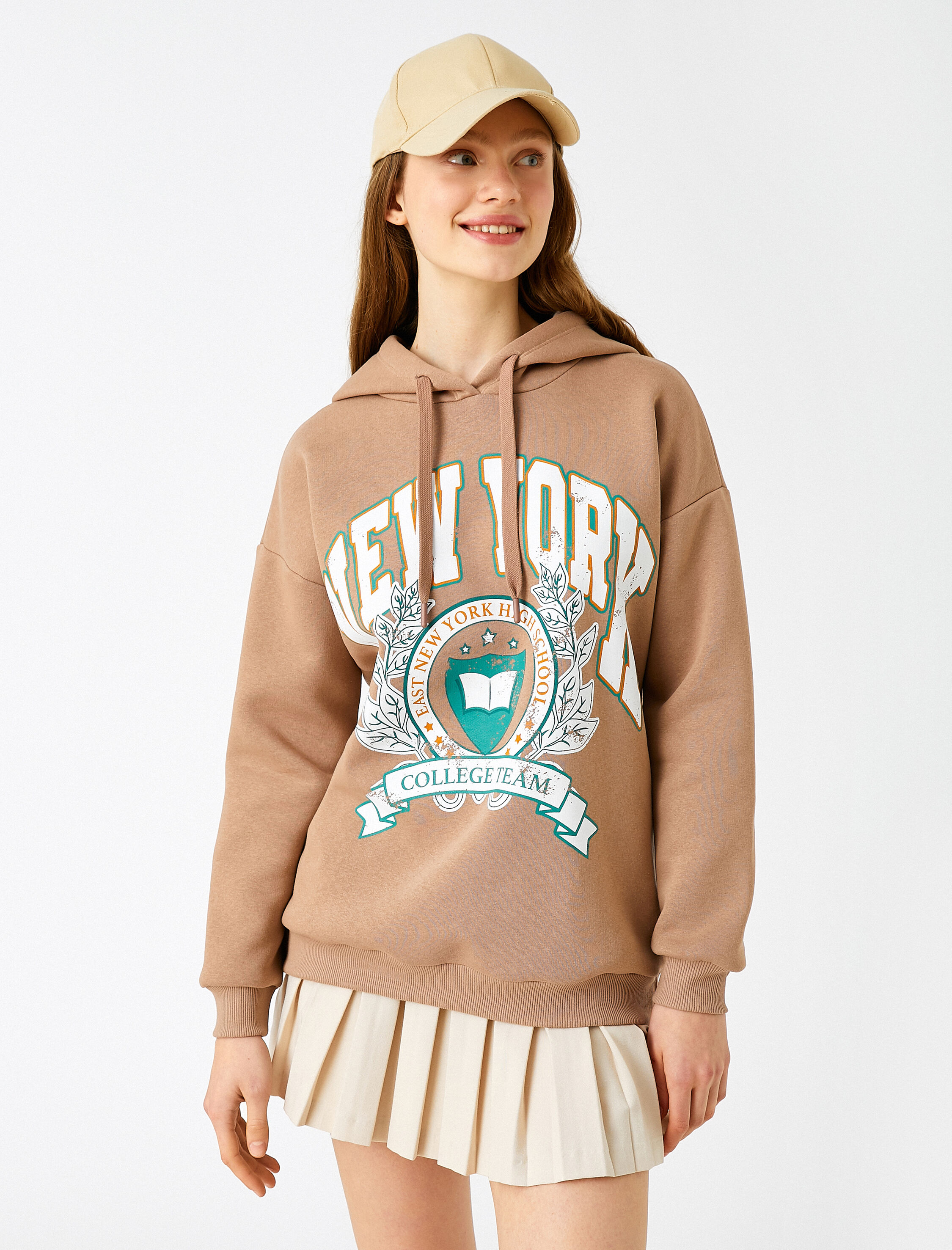   Baskılı Kapüşonlu Kolej Sweatshirt İçi Polarlı