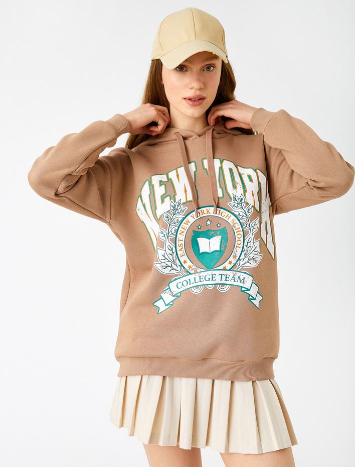  Baskılı Kapüşonlu Kolej Sweatshirt İçi Polarlı