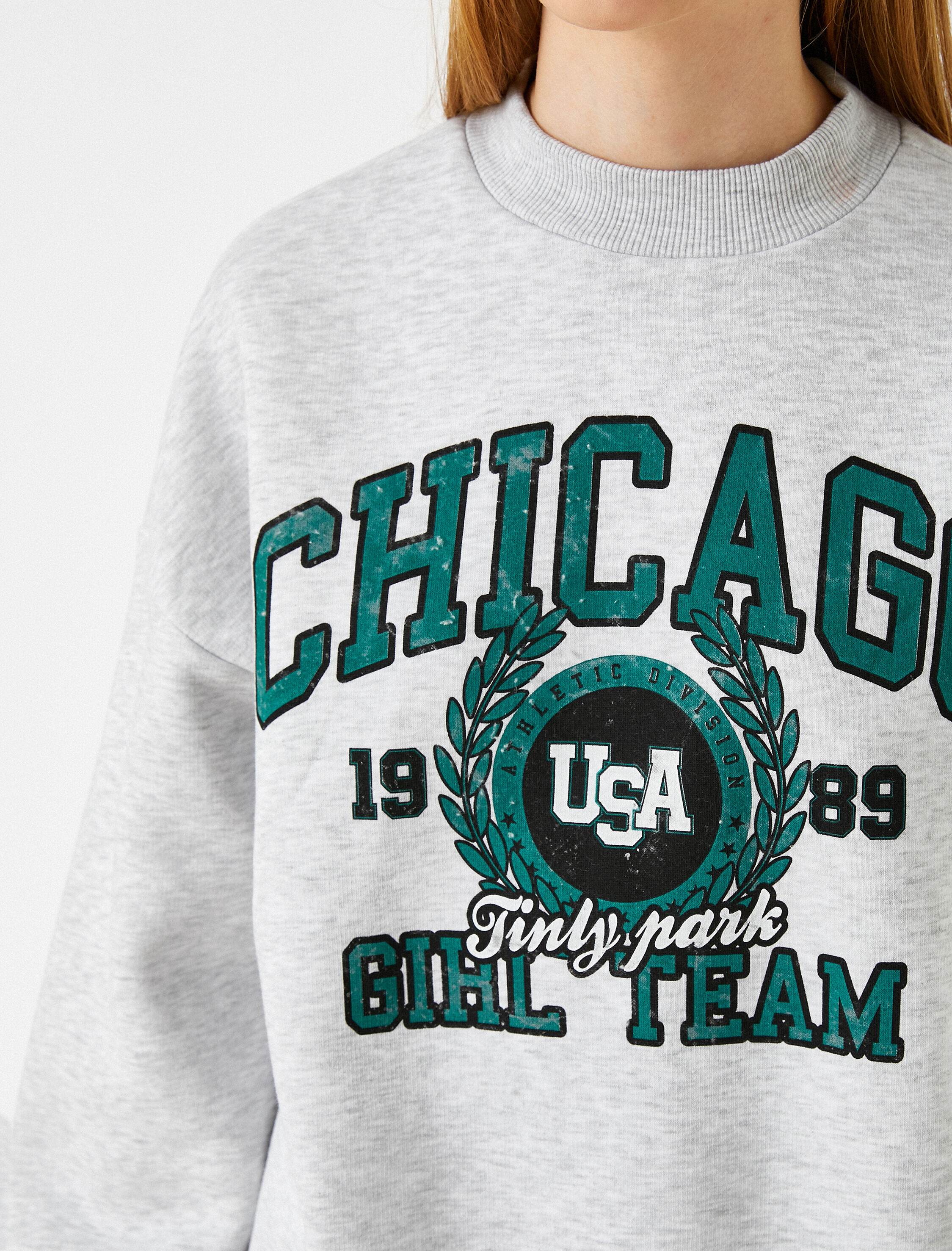 Oversize Kolej Sweatshirt Baskılı Bisiklet Yaka İçi Polarlı