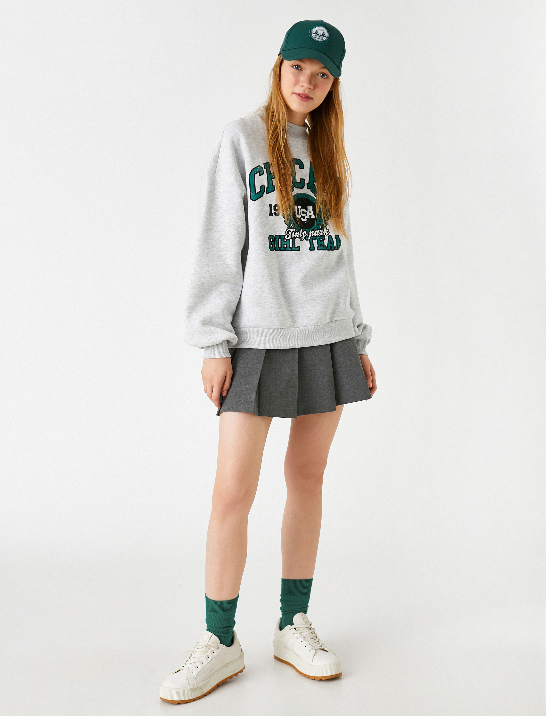 Oversize Kolej Sweatshirt Baskılı Bisiklet Yaka İçi Polarlı