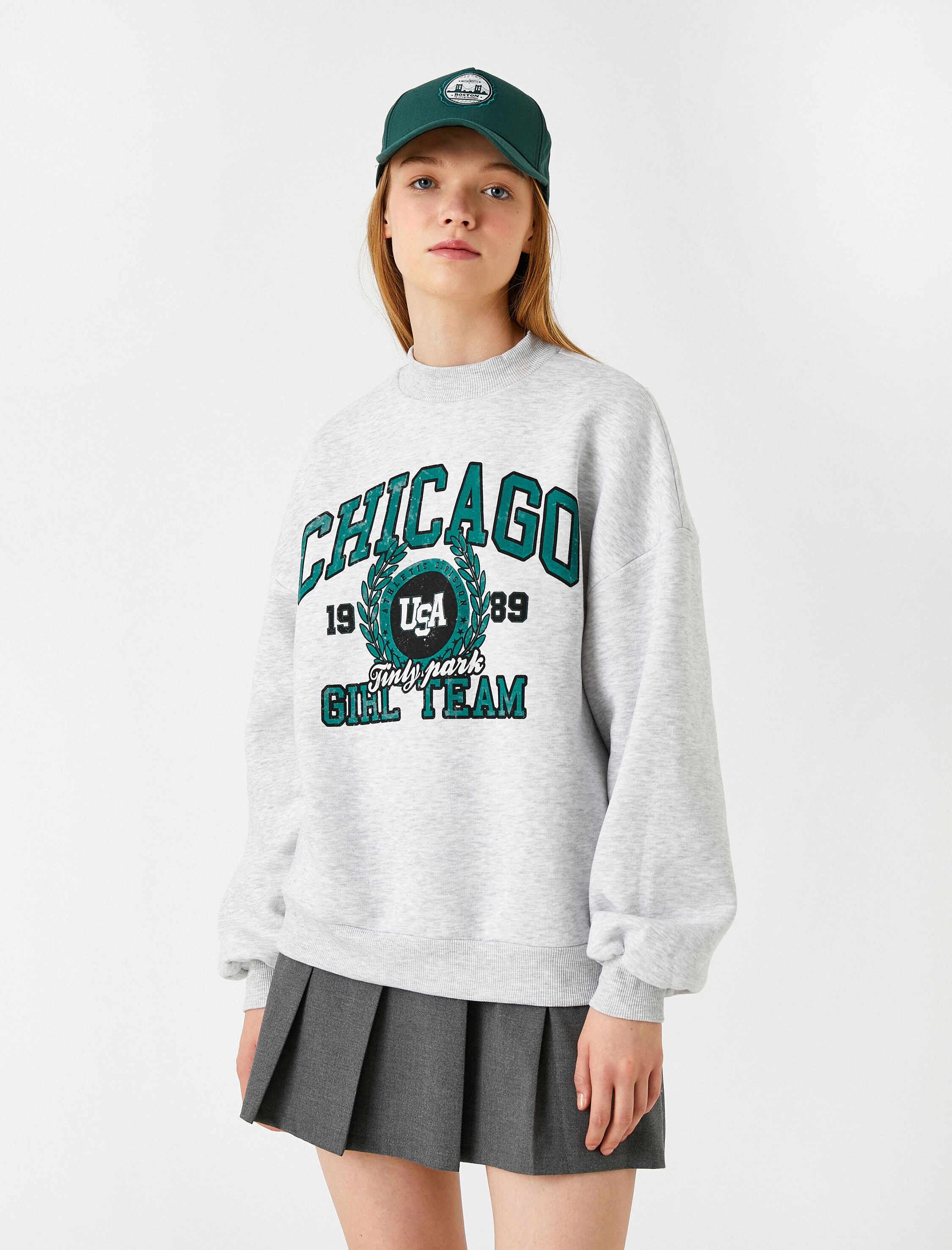 Oversize Kolej Sweatshirt Baskılı Bisiklet Yaka İçi Polarlı