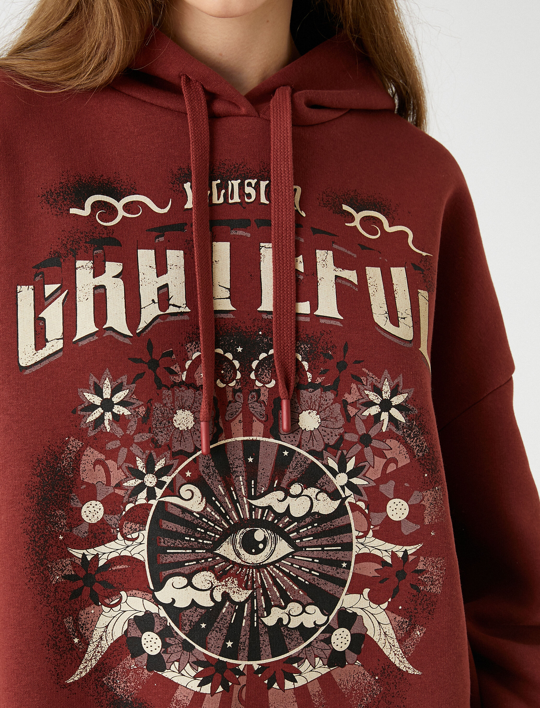   Oversize Baskılı Sweatshirt Kapüşonlu İçi Polarlı