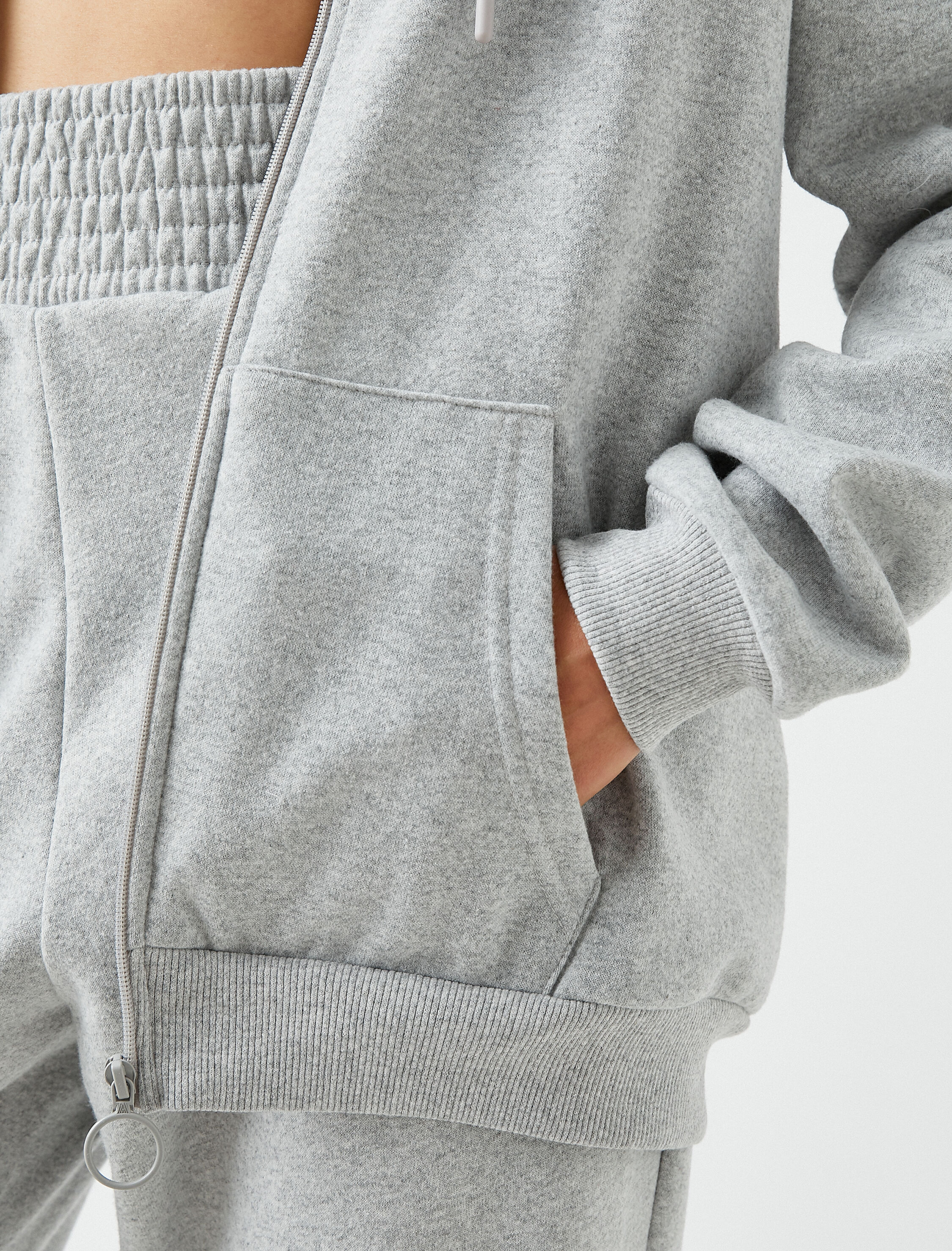   Oversize Fermuarlı Sweatshirt Kapüşonlu Cepli İçi Polarlı