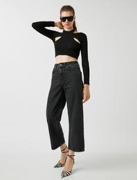 Kot Pantolon Geniş Paça Yüksek Bel Rahat Kesim - Bianca Crop Jean