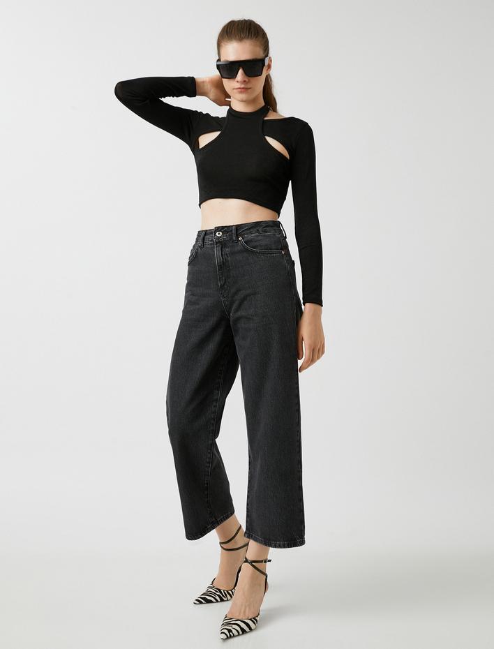  Kot Pantolon Geniş Paça Yüksek Bel Rahat Kesim - Bianca Crop Jean
