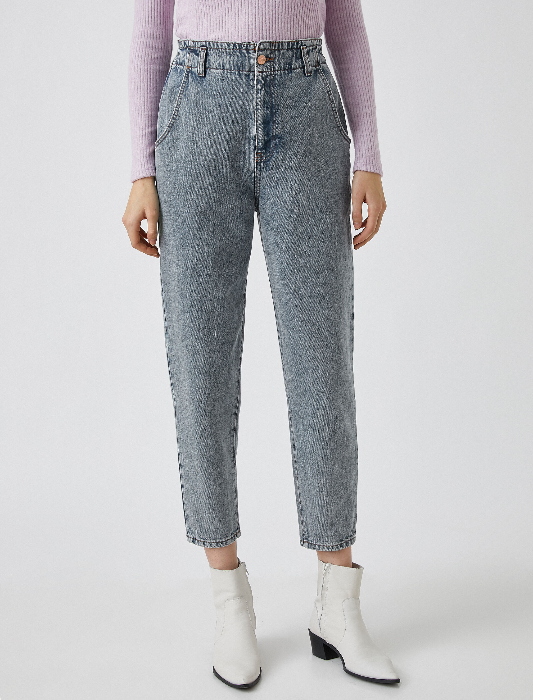   Yüksek Bel Cepli Pamuklu Kot Pantolon -Slouchy Jean