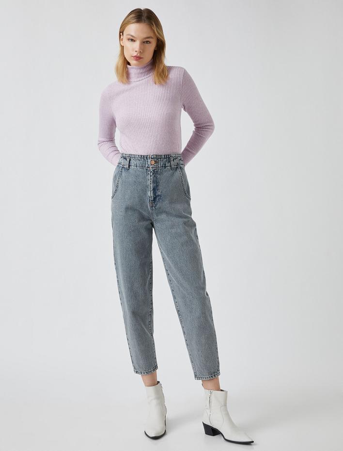  Yüksek Bel Cepli Pamuklu Kot Pantolon -Slouchy Jean