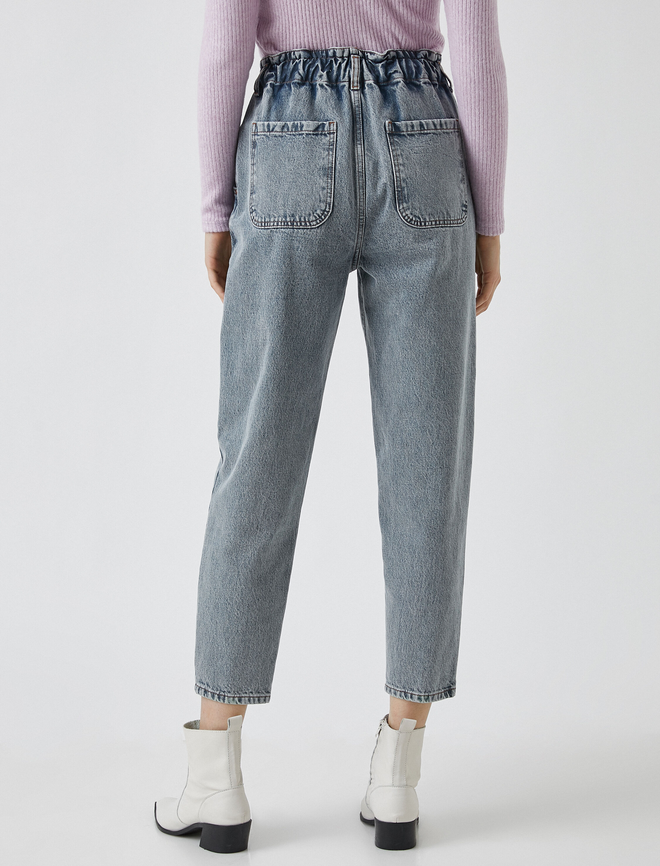   Yüksek Bel Cepli Pamuklu Kot Pantolon -Slouchy Jean