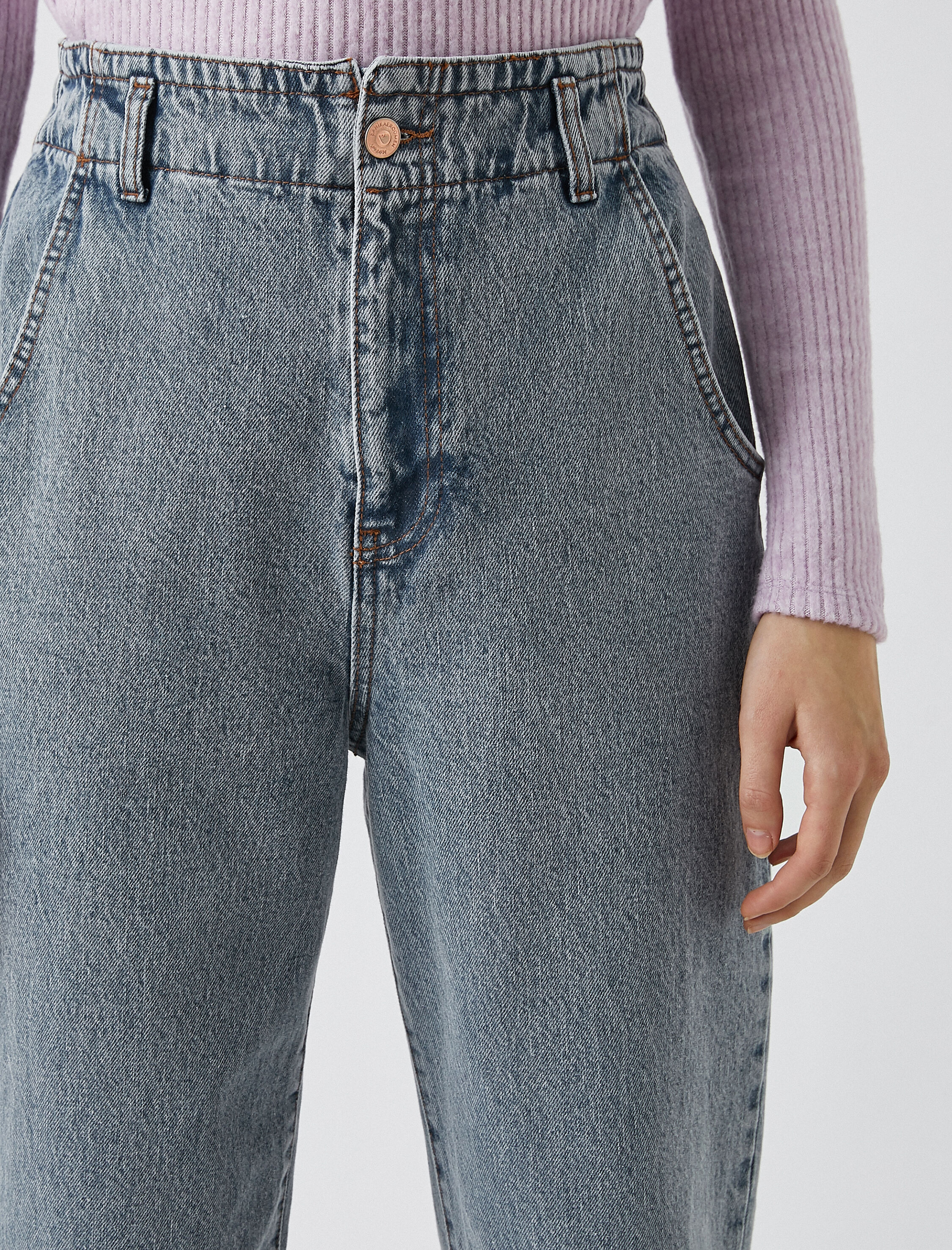   Yüksek Bel Cepli Pamuklu Kot Pantolon -Slouchy Jean