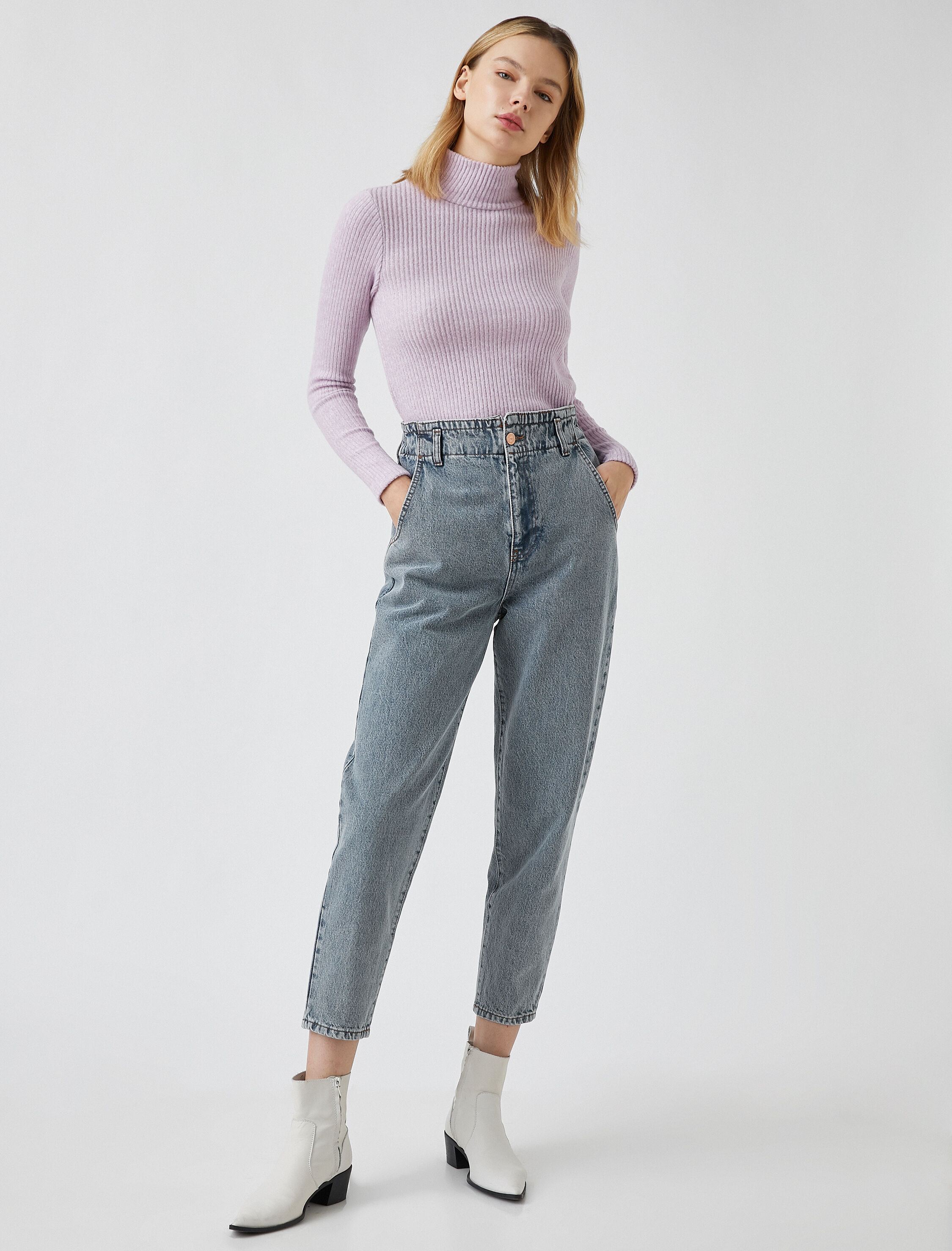   Yüksek Bel Cepli Pamuklu Kot Pantolon -Slouchy Jean