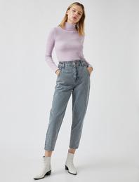 Yüksek Bel Cepli Pamuklu Kot Pantolon -Slouchy Jean