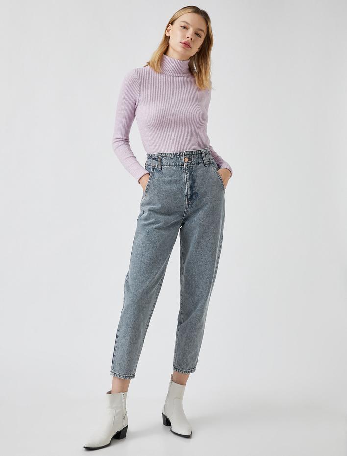  Yüksek Bel Cepli Pamuklu Kot Pantolon -Slouchy Jean