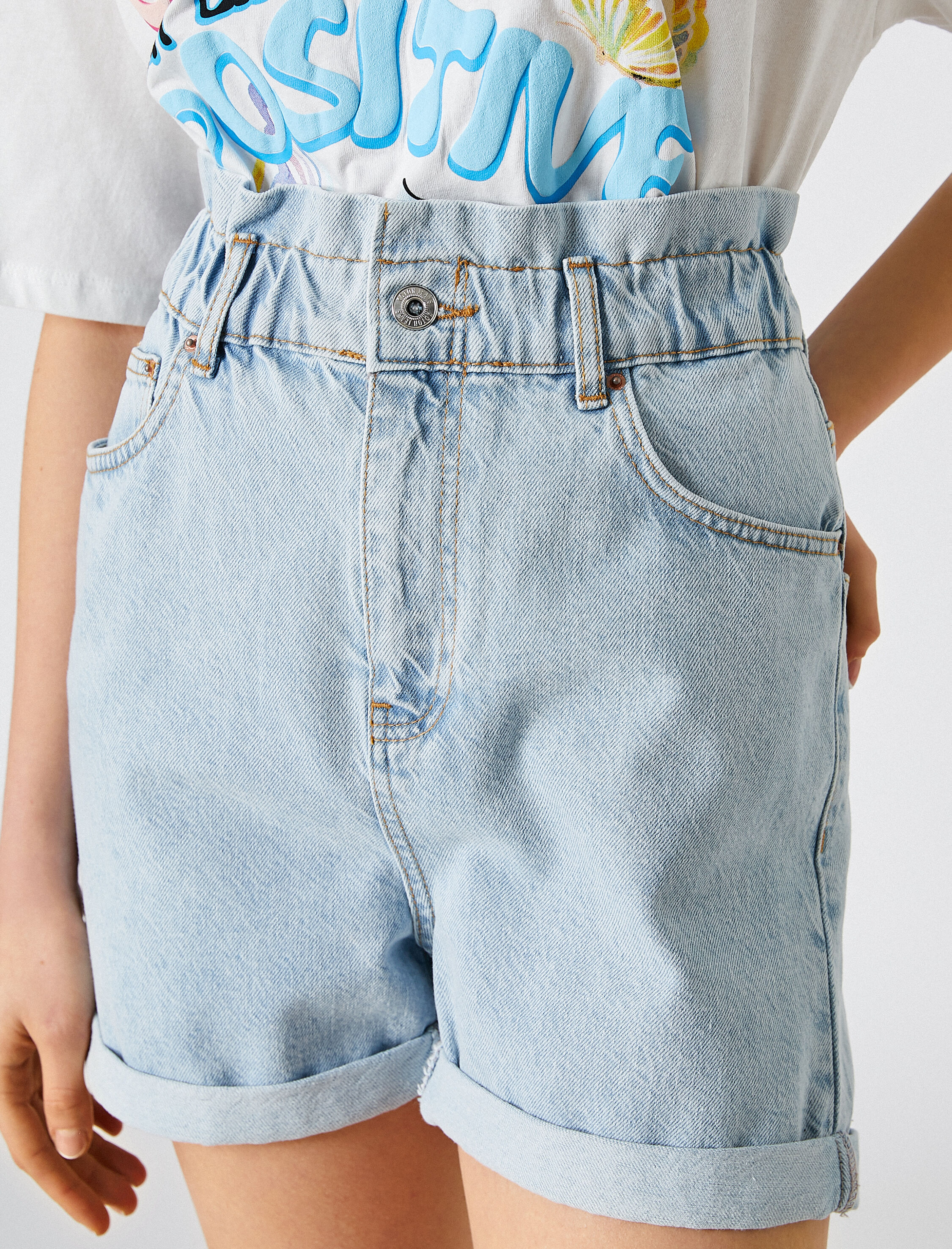   Kot Şort Yüksek Bel Cepli