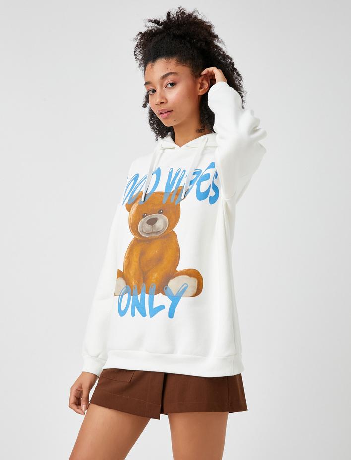  Kapüşonlu Sweatshirt Slogan Baskılı İçi Polarlı