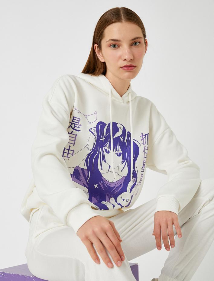  Kapüşonlu Baskılı Sweatshirt İçi Polarlı