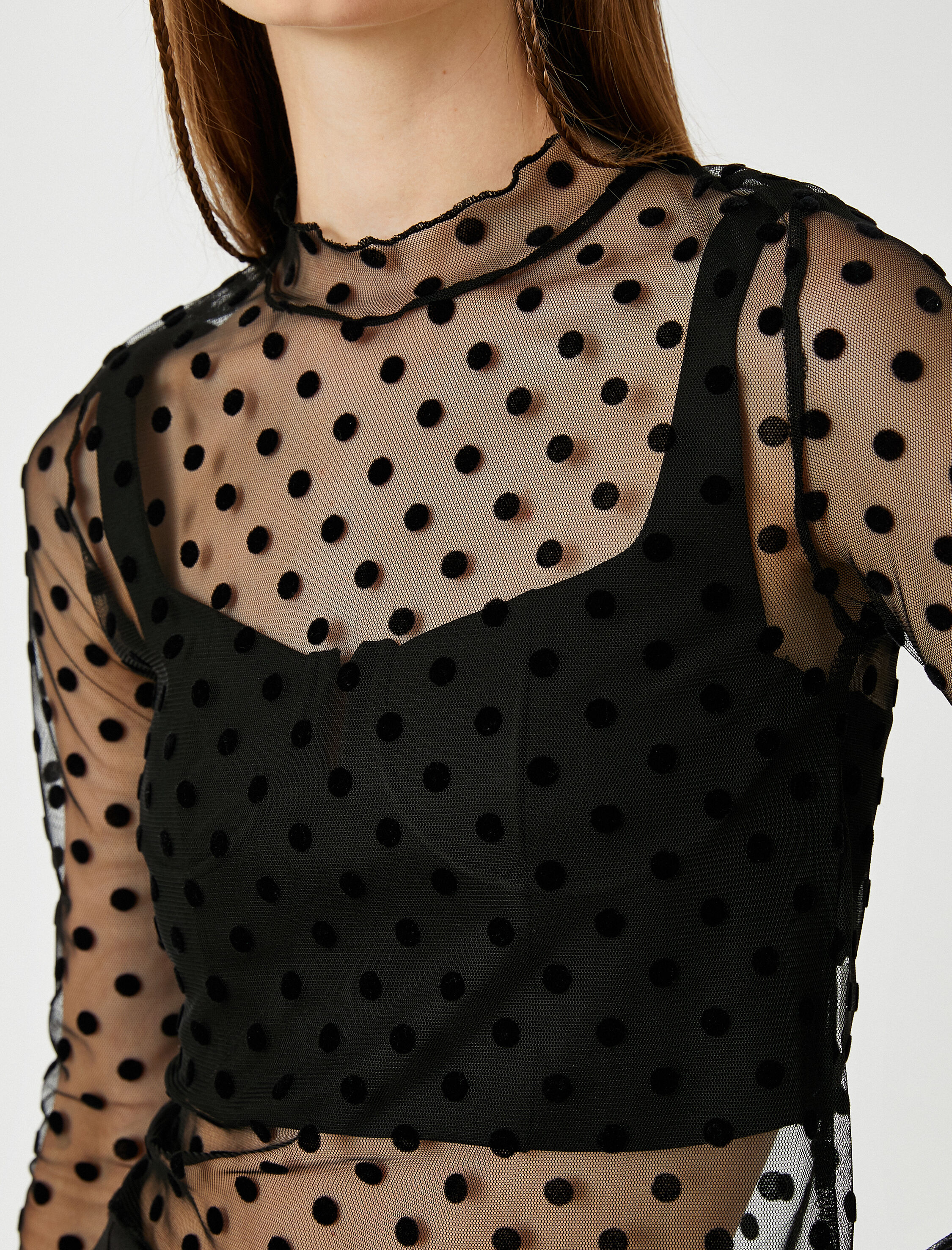   Uzun Kollu Tişört Crop Tül