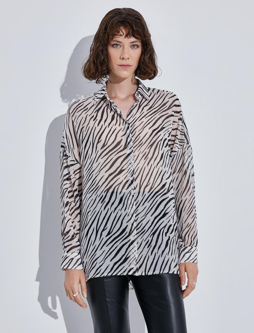   Zebra Desenli Şifon Gömlek Uzun Kollu