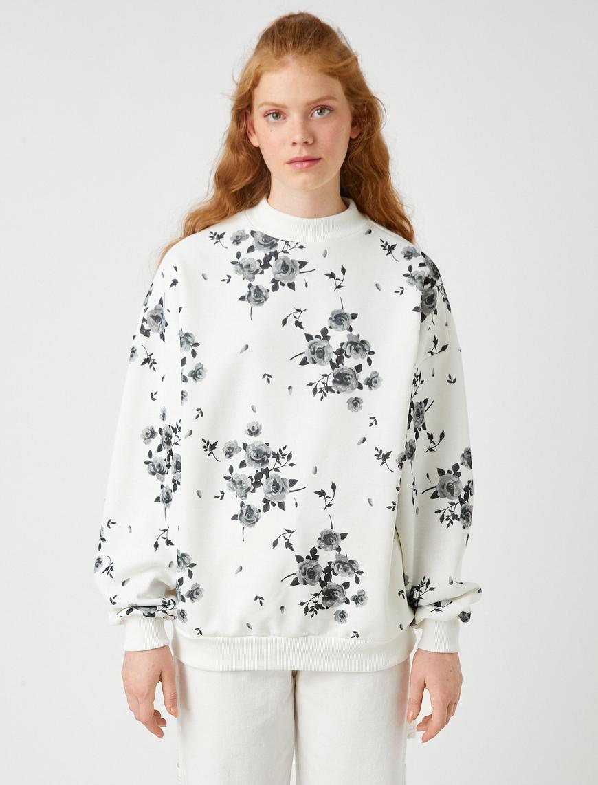   Oversize Bisiklet Yaka Sweatshirt Uzun Kollu İçi Polarlı
