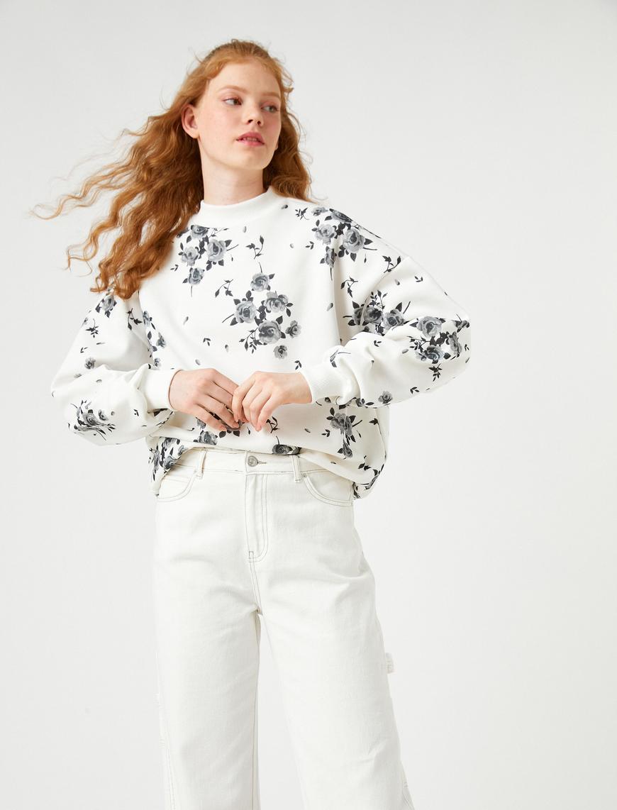   Oversize Bisiklet Yaka Sweatshirt Uzun Kollu İçi Polarlı