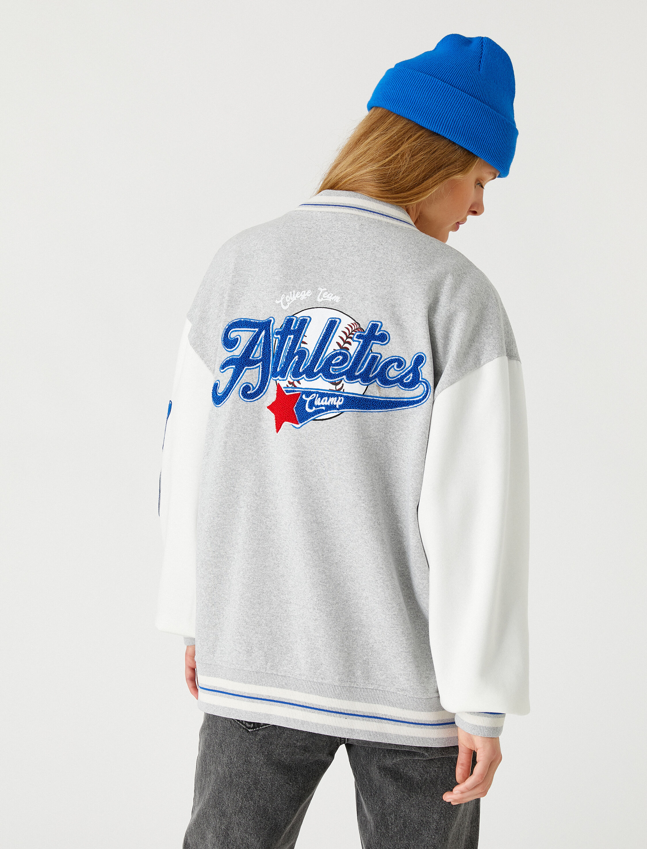   Oversize Kolej Ceket İşlemeli İçi Polarlı