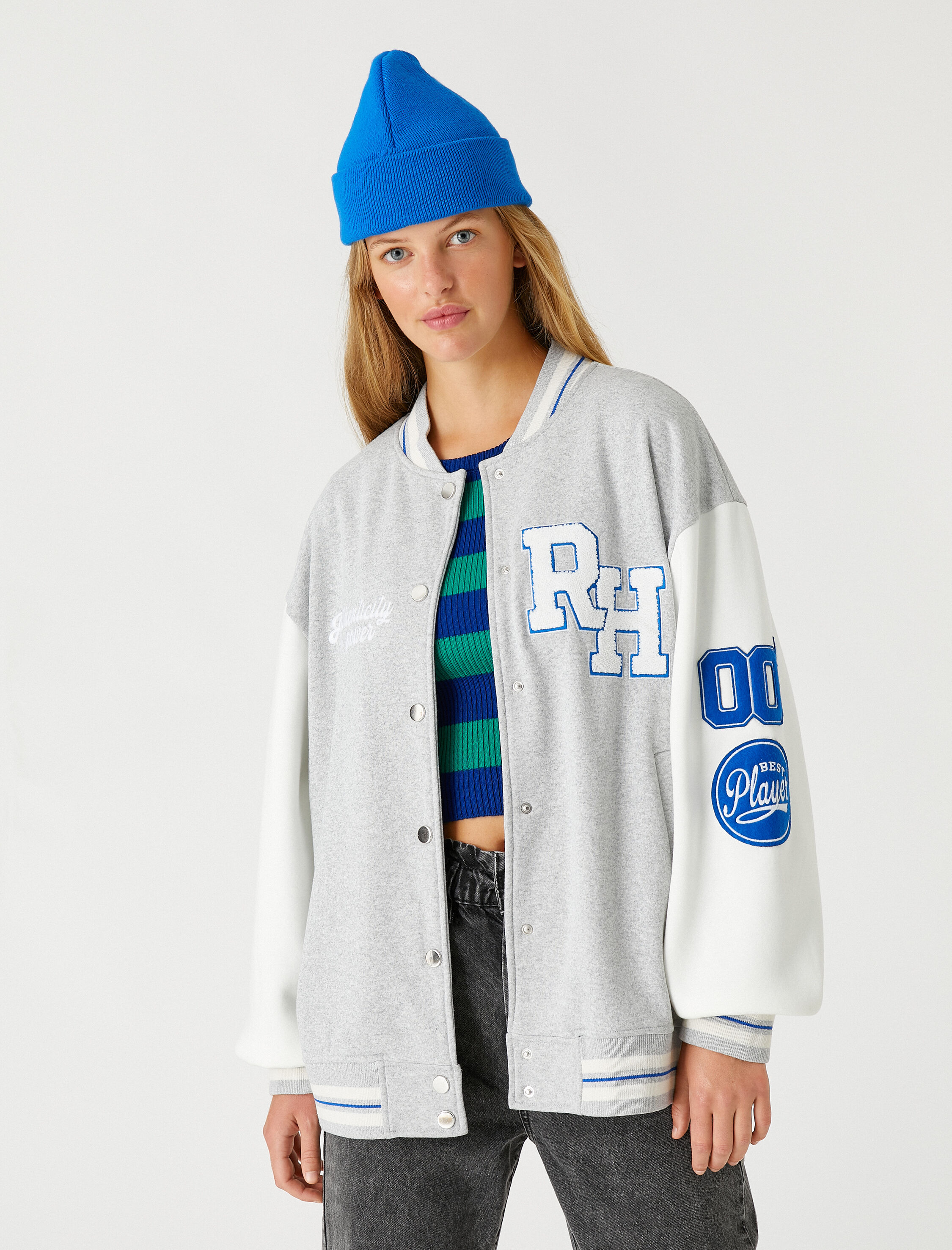   Oversize Kolej Ceket İşlemeli İçi Polarlı