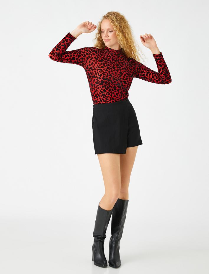  Uzun Kollu Tişört Leopar Desenli Balıkçı Yaka
