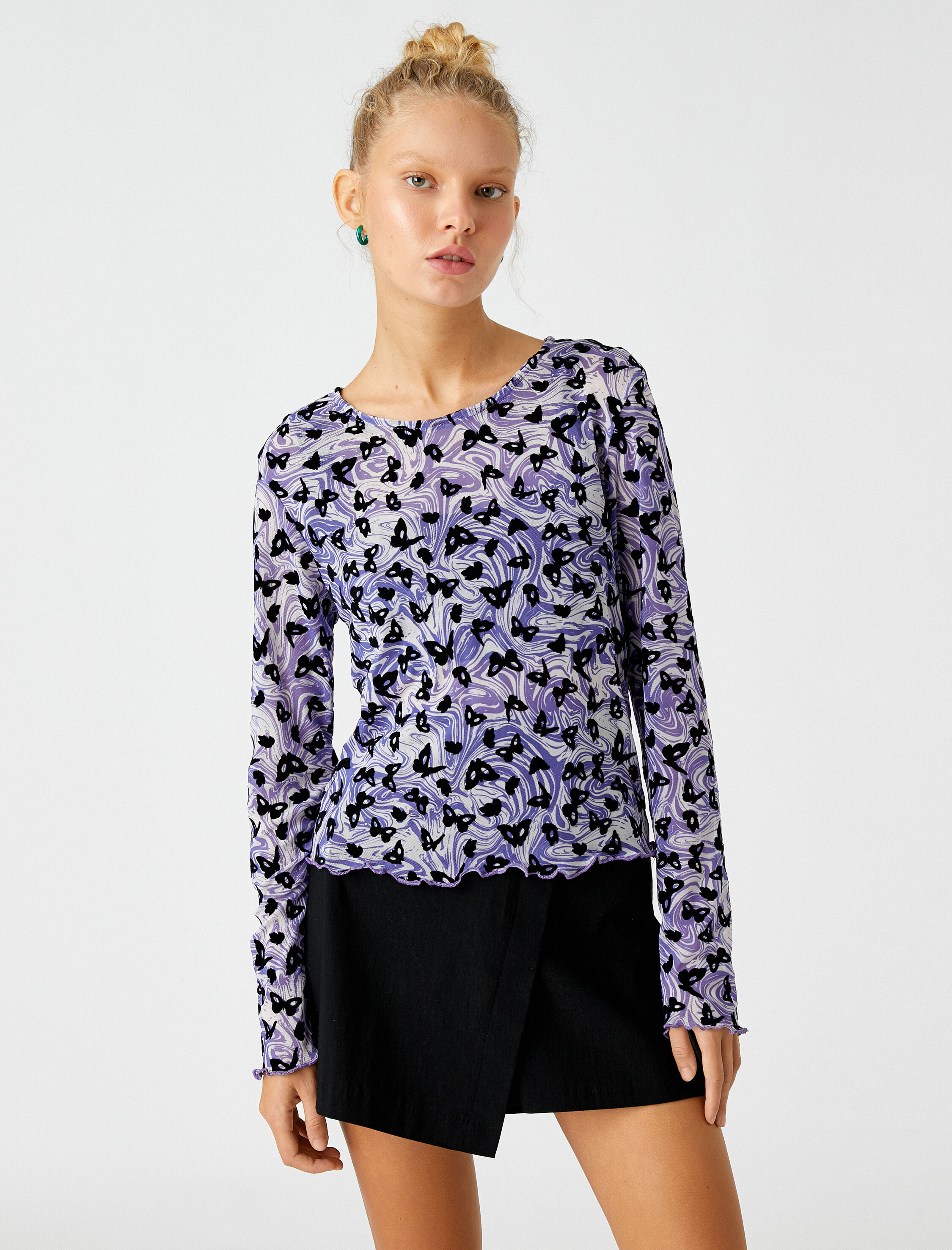   Uzun Kollu Tişört Desenli Bisiklet Yaka