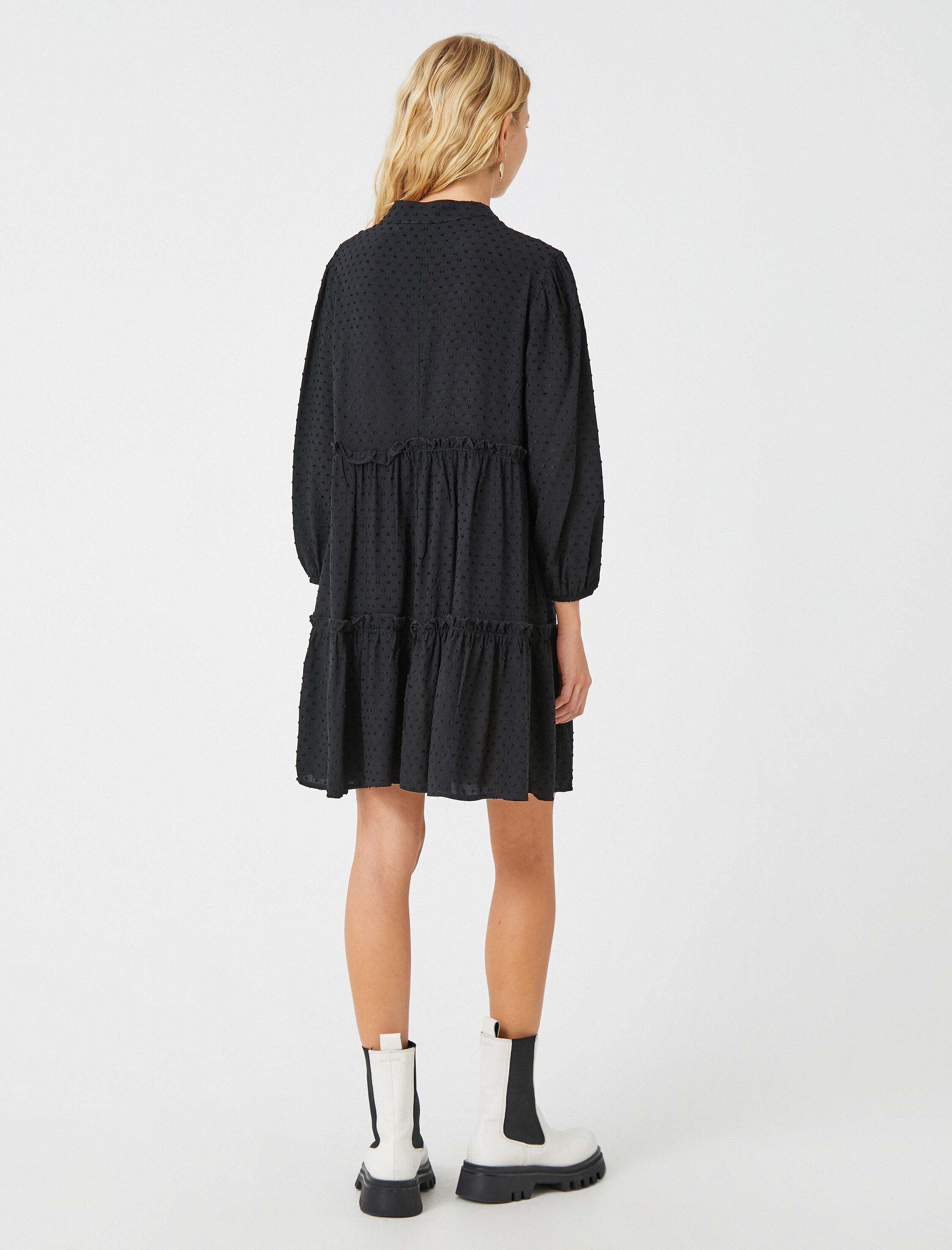   Balon Kollu Elbise Fırfırlı Dokulu