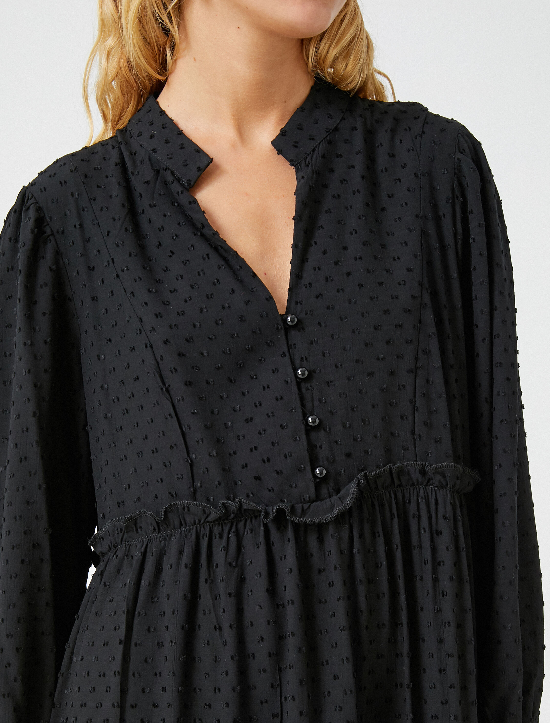   Balon Kollu Elbise Fırfırlı Dokulu