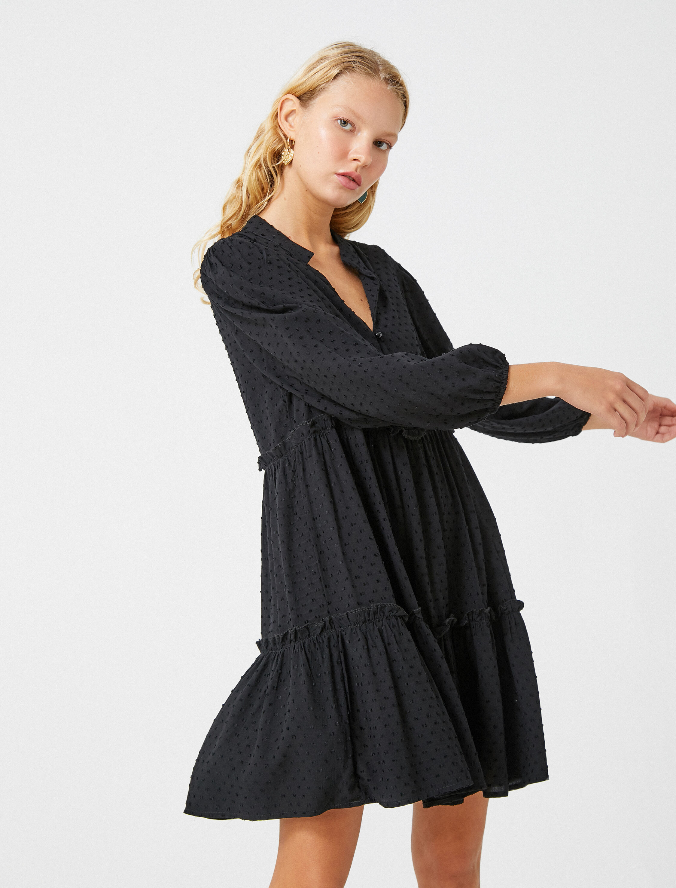   Balon Kollu Elbise Fırfırlı Dokulu