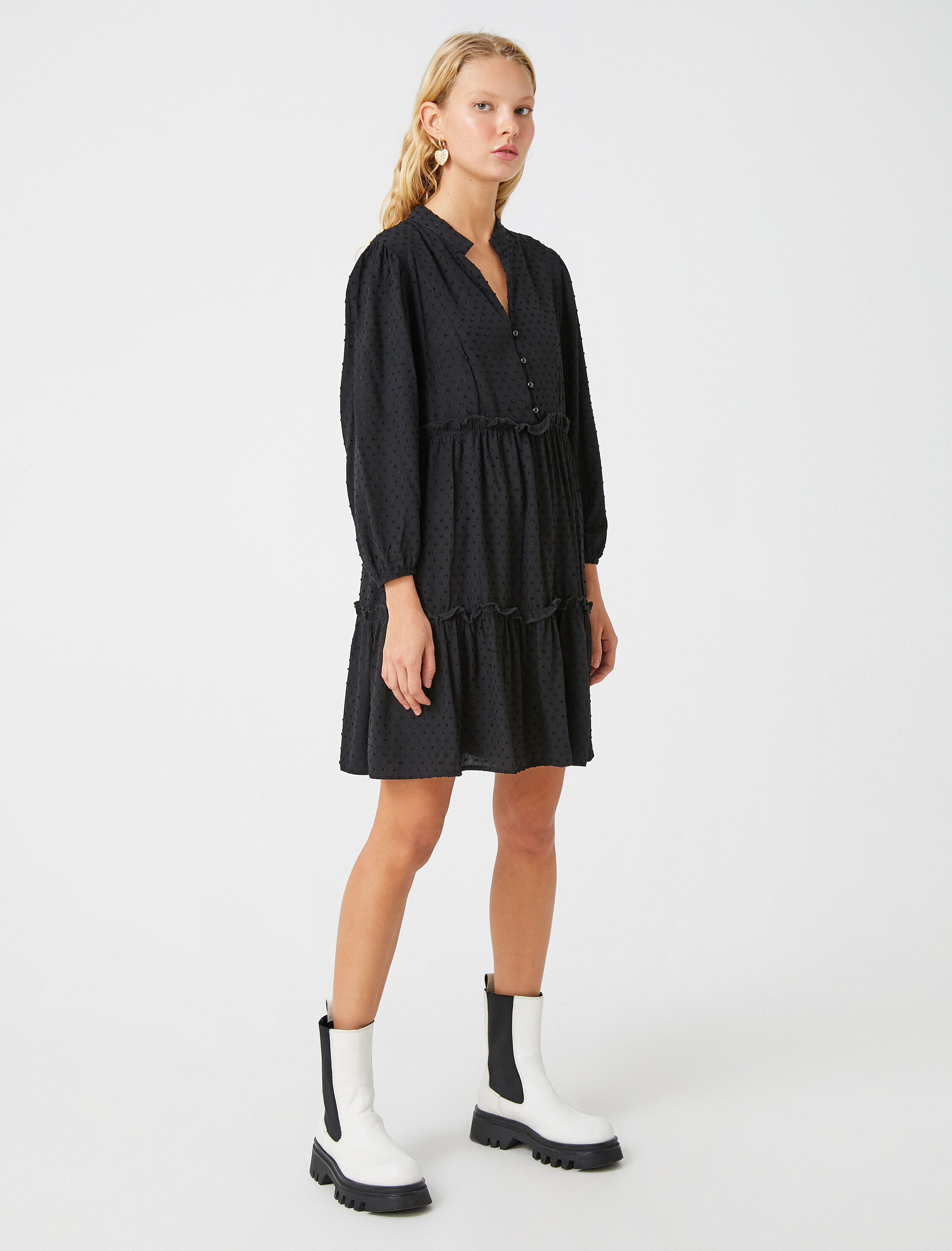   Balon Kollu Elbise Fırfırlı Dokulu