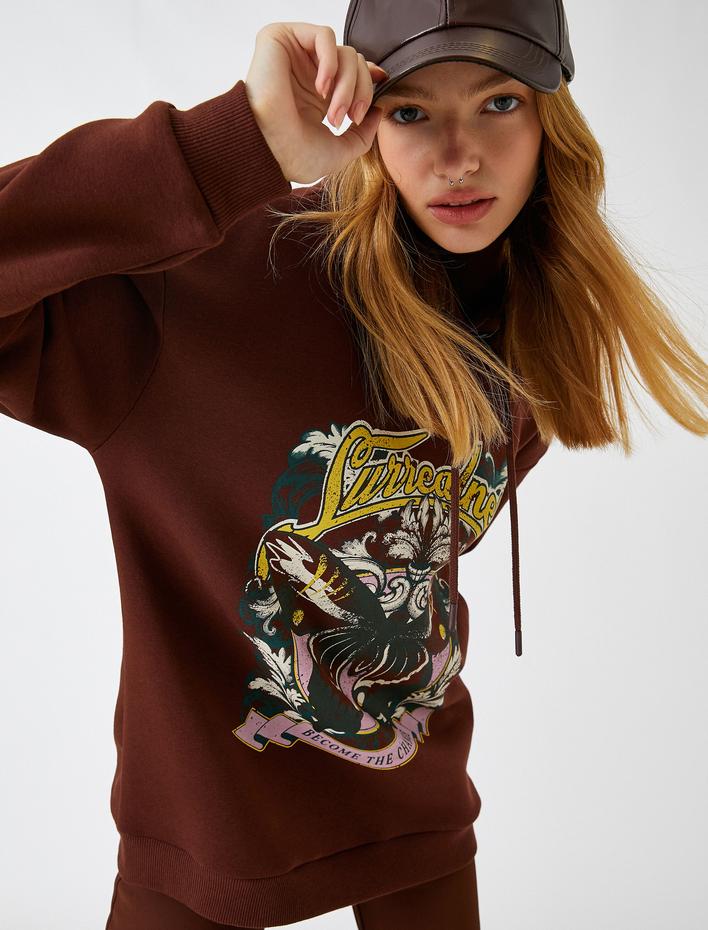  Oversize Sweatshirt Kapüşonlu Baskılı İçi Polarlı