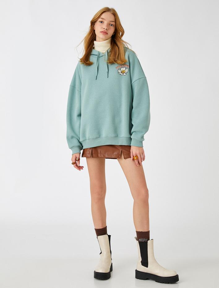  Oversize Sweatshirt Kapüşonlu Baskılı İçi Polarlı