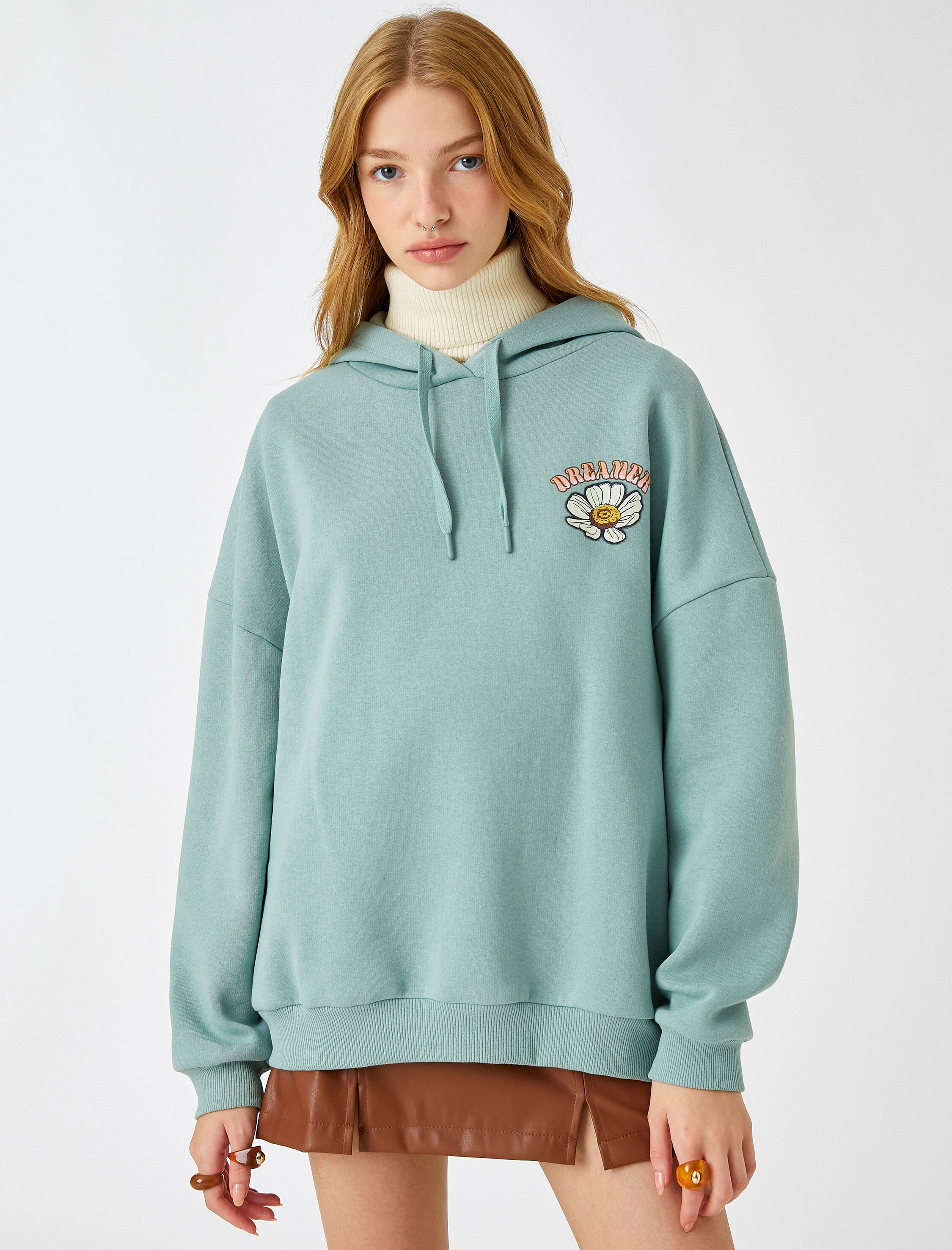   Oversize Sweatshirt Kapüşonlu Baskılı İçi Polarlı