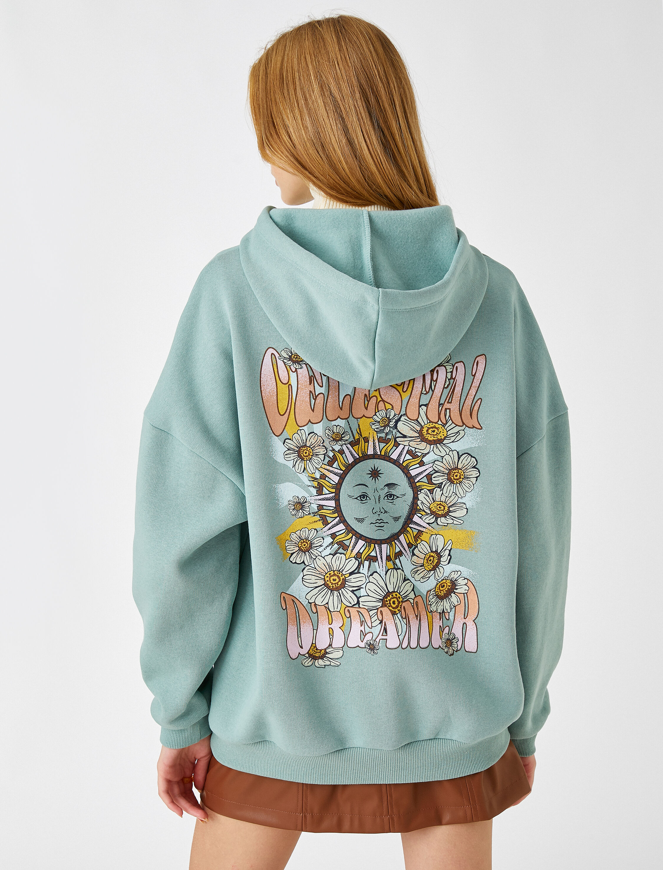   Oversize Sweatshirt Kapüşonlu Baskılı İçi Polarlı