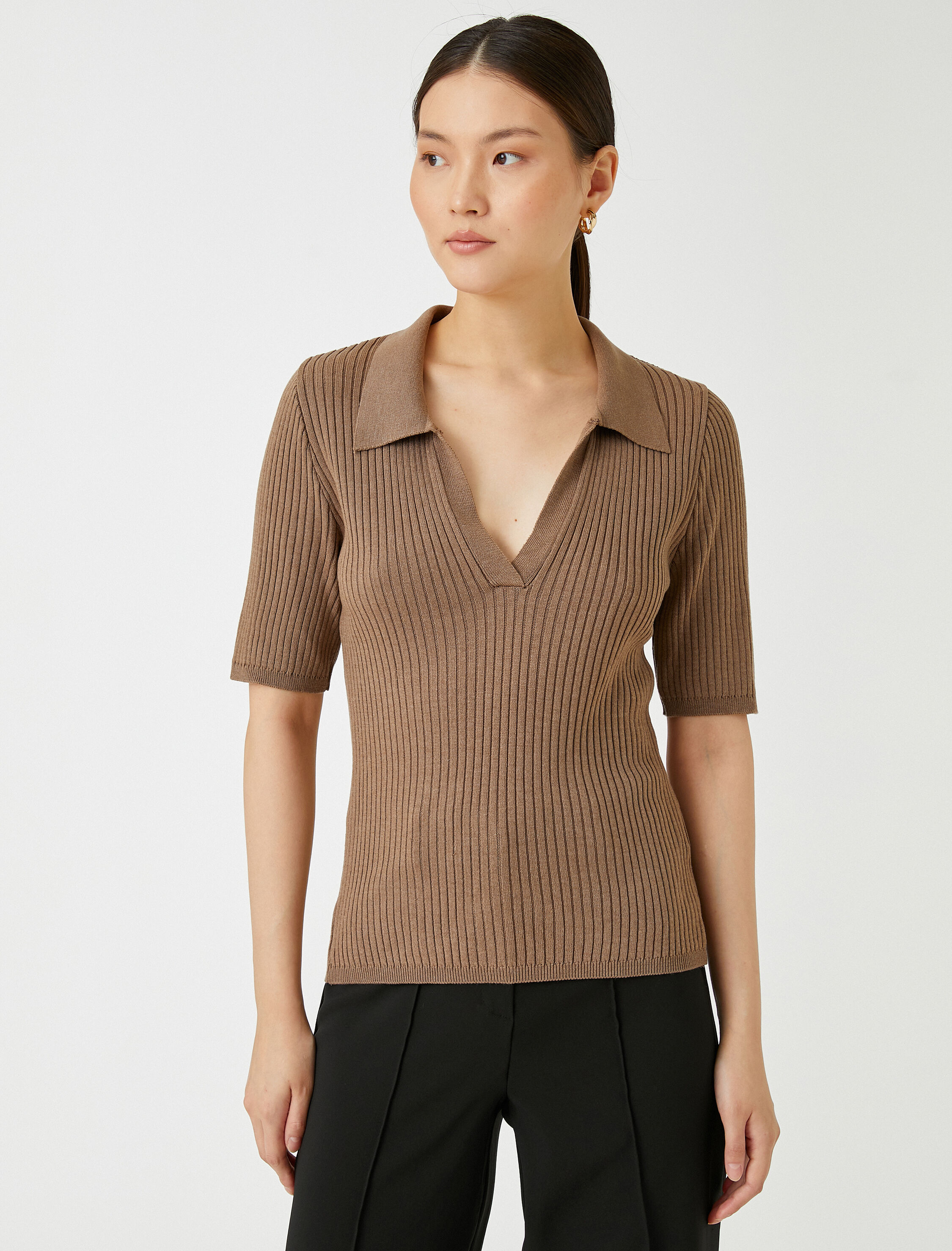   Polo Yaka Triko Kazak Kısa Kollu Kaşmir Dokulu