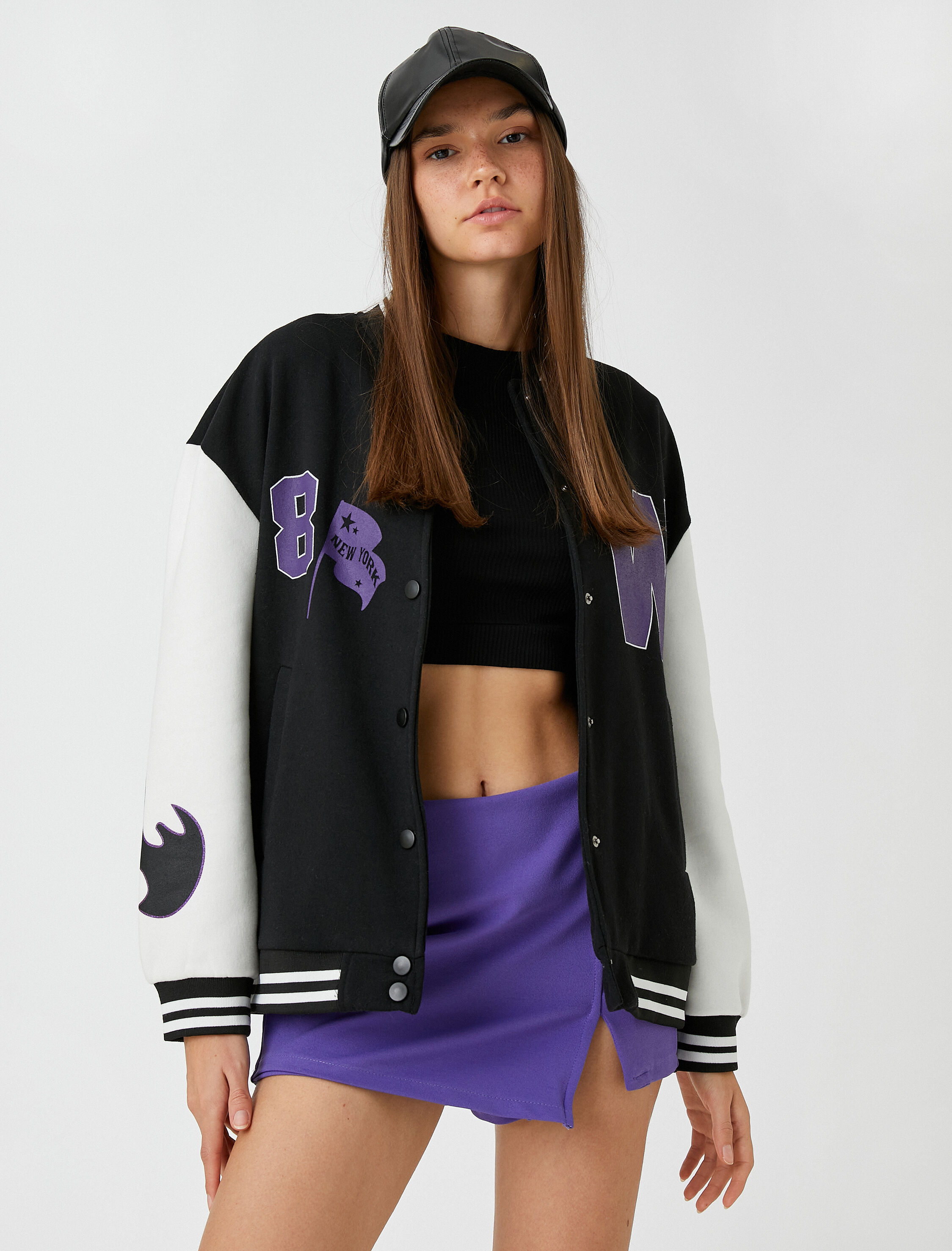   Oversize Bomber Kolej Ceket Baskılı İçi Polarlı