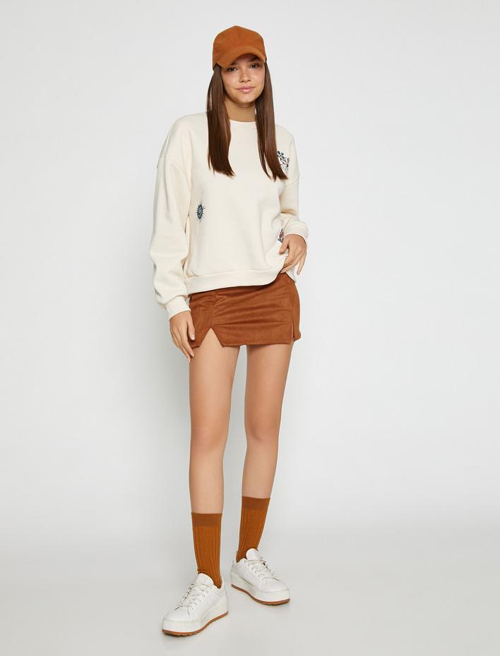  Bisiklet Yaka Sweatshirt Baskılı İçi Polarlı