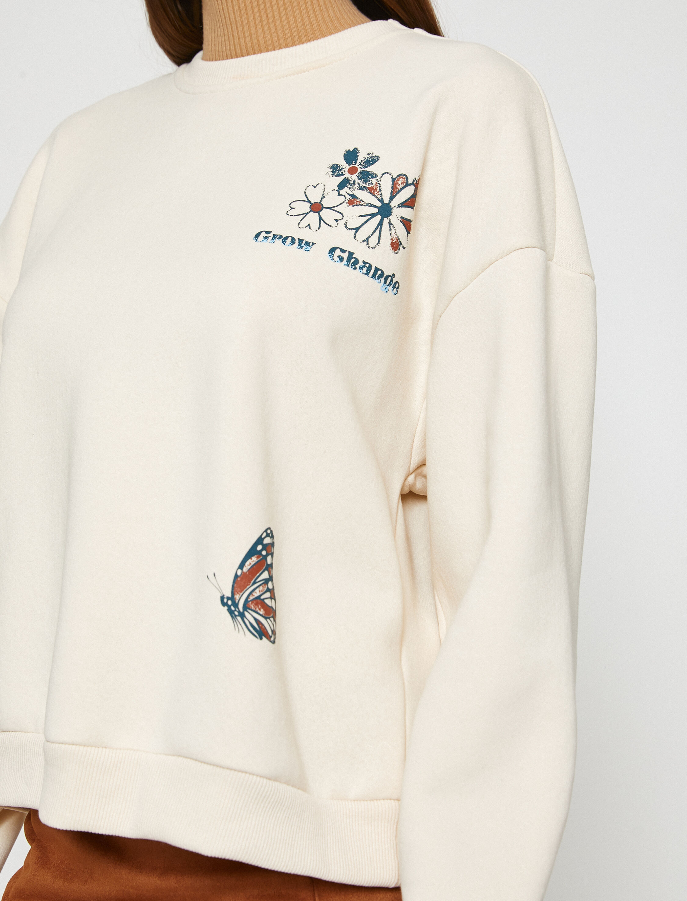   Bisiklet Yaka Sweatshirt Baskılı İçi Polarlı