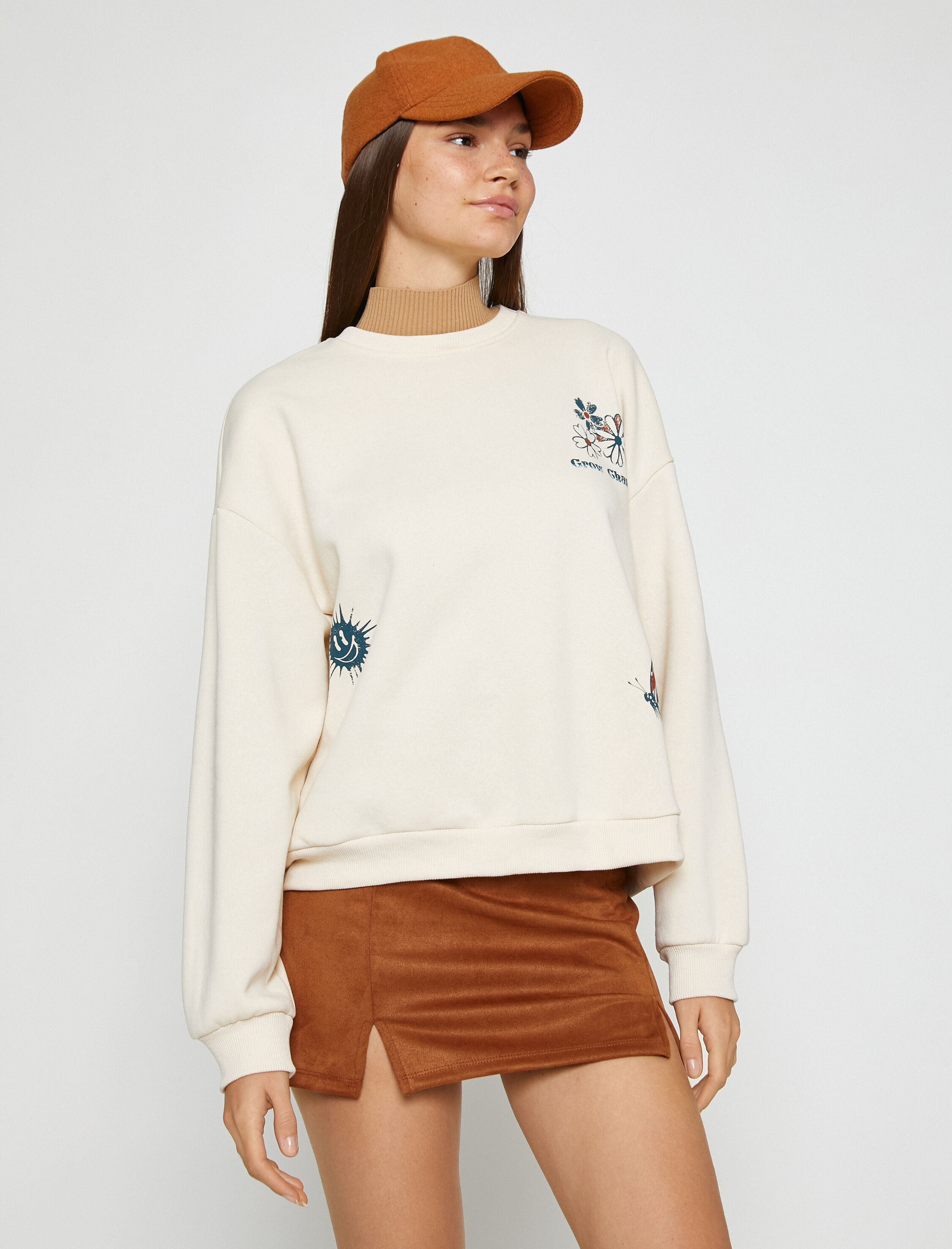   Bisiklet Yaka Sweatshirt Baskılı İçi Polarlı