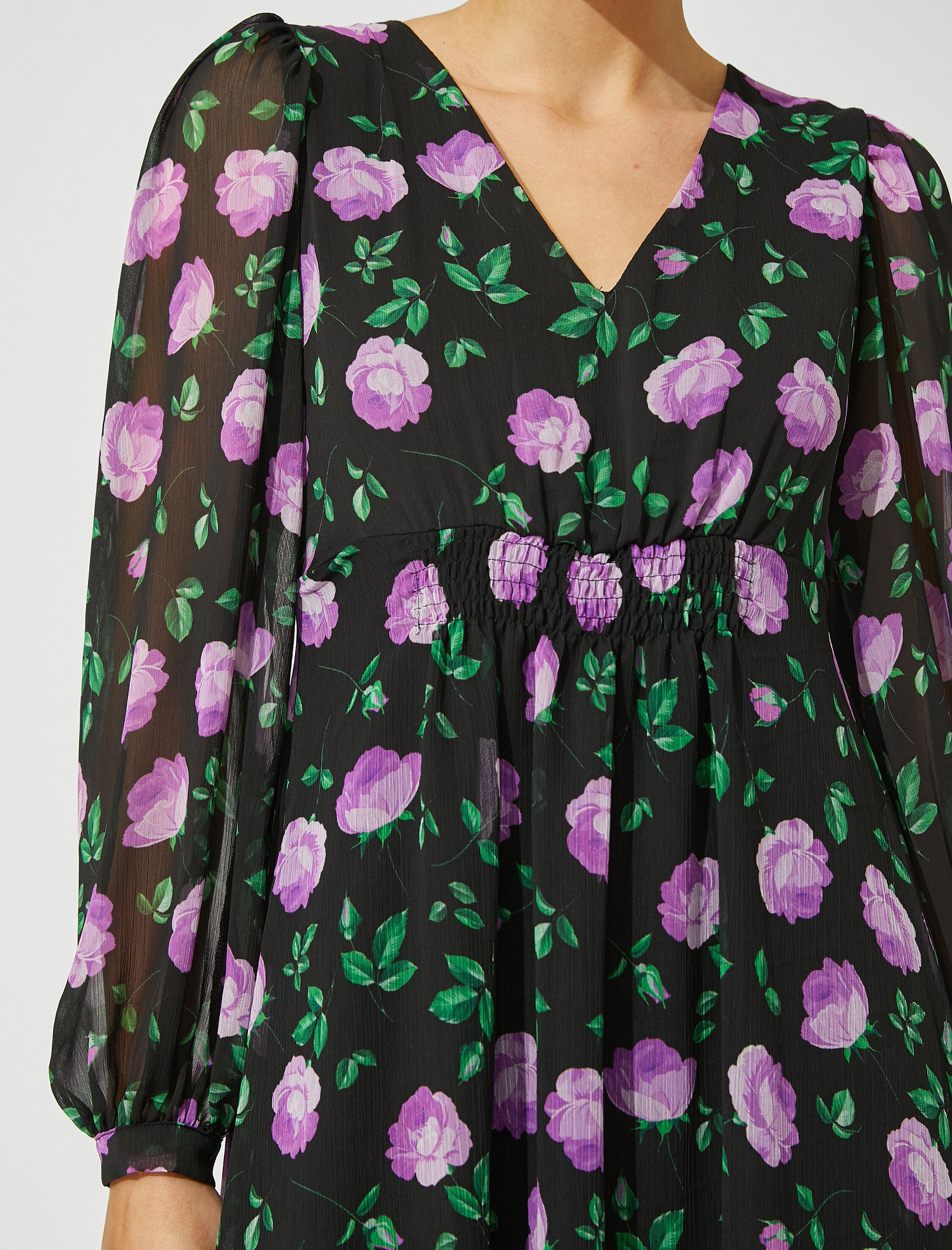   Çiçekli Uzun Elbise Balon Kollu