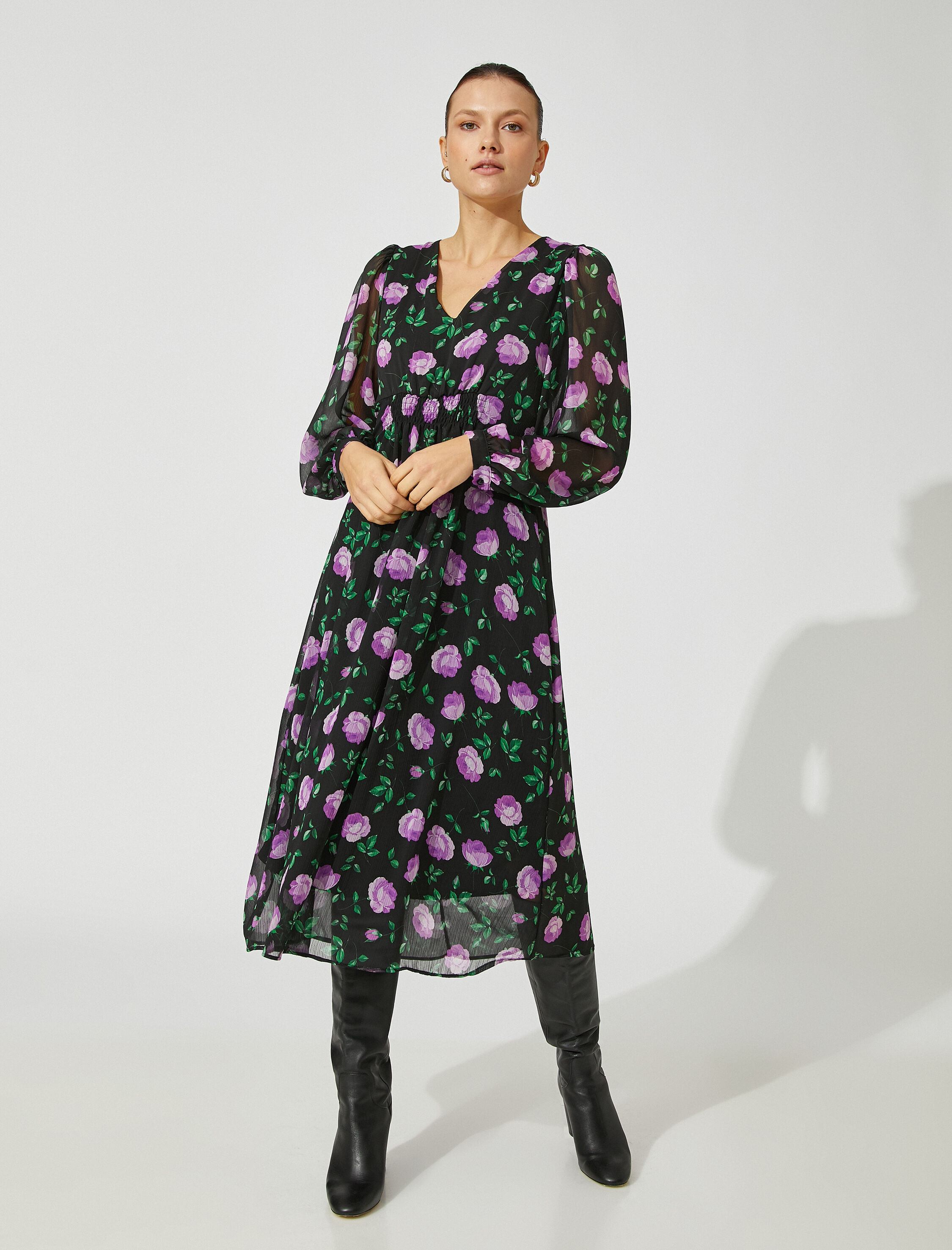   Çiçekli Uzun Elbise Balon Kollu