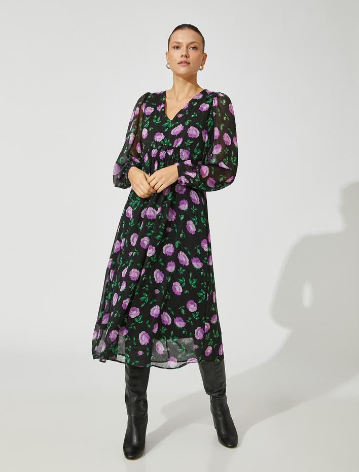  Çiçekli Uzun Elbise Balon Kollu